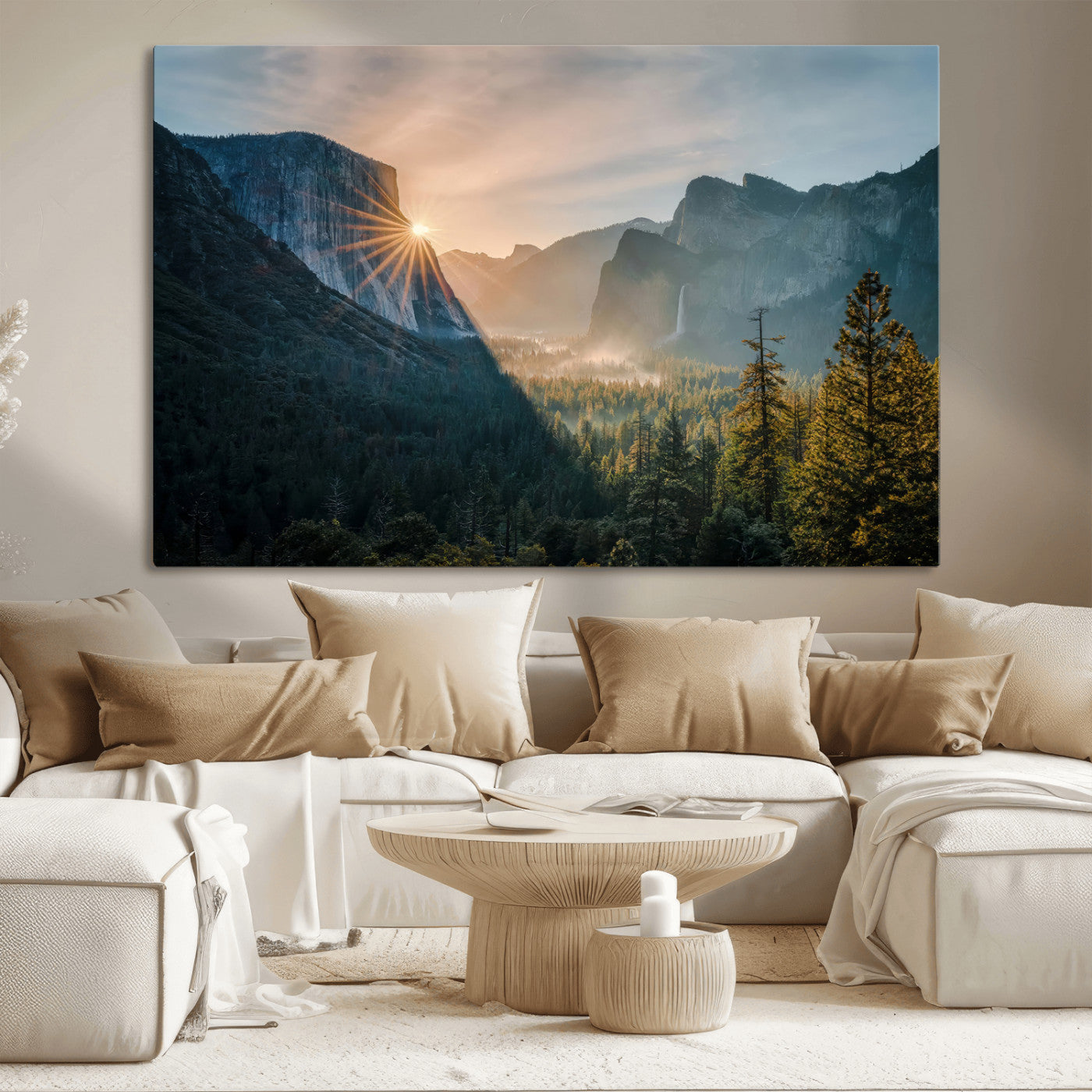 51605481-MGV-CV-36X24 - Yosemite Valley Wall Art – Misty Forest Peaks Canvas Print, Radiant Light, Tranquil Nature Landscape for Living Room or Cabin Decor