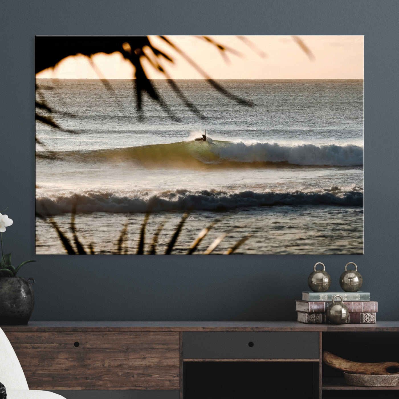 -Sunset Surf Wall Art Canvas Print, Framed Golden Hour Art Picture Print, Waves Perfect Boho Decor,