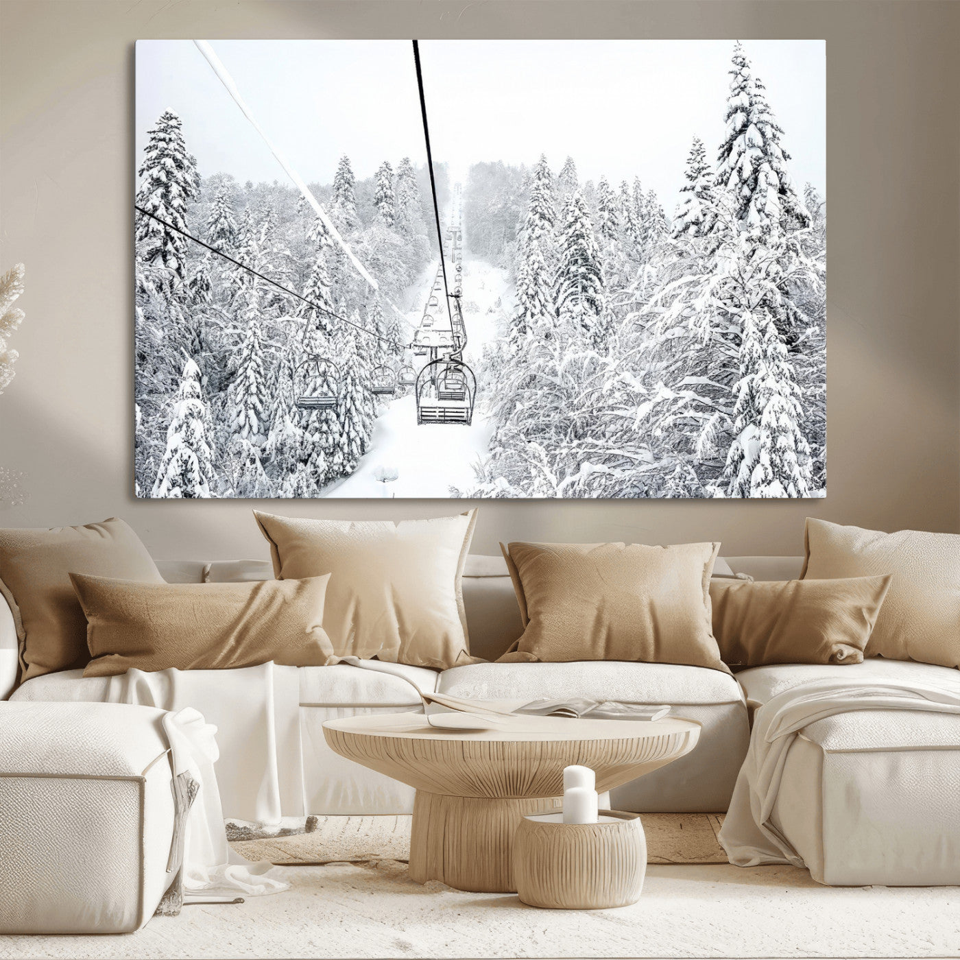 44705668-MGV-CV-36X24-Snowy Ski Lift Wall Art – Framed Winter Mountain Canvas Artwork, Serene Forest Design, Modern Nature Decor for Home, Office