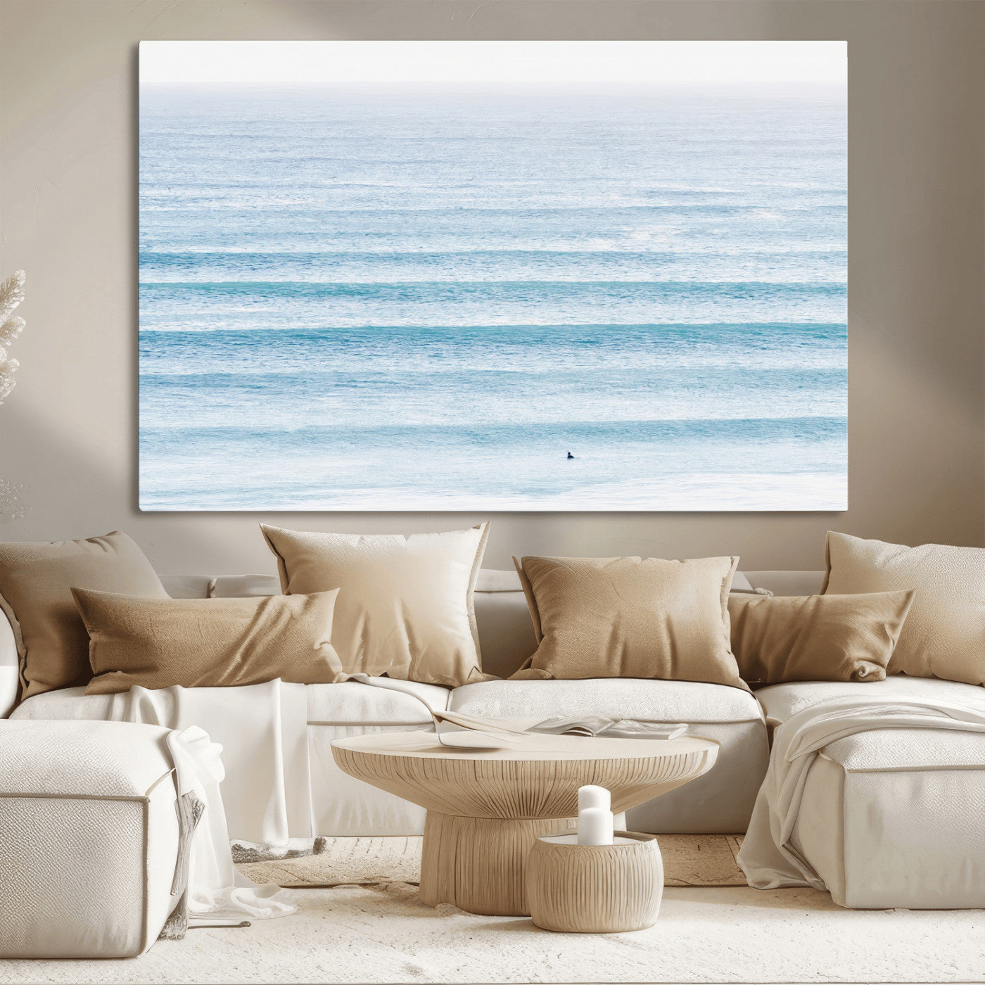 77145995-MGV-CV-36X24-Ocean Wave Surfer Wall Art – Framed Minimal Seascape Canvas Artwork, Calm Blue Water Design, Coastal Decor for Home, Office