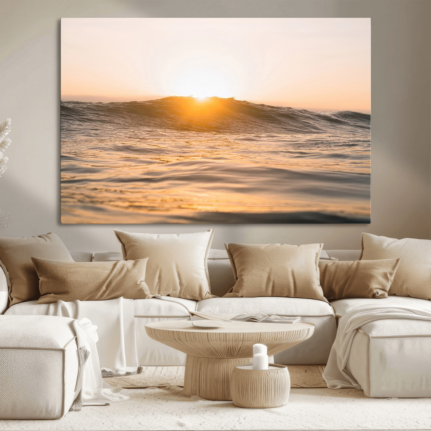 16973771-MGV-CV-36X24-Calm Water Wall Art – Framed Sunset Waves Canvas Artwork, Coastal Warm Design, Minimal Ocean Decor for Home, Office