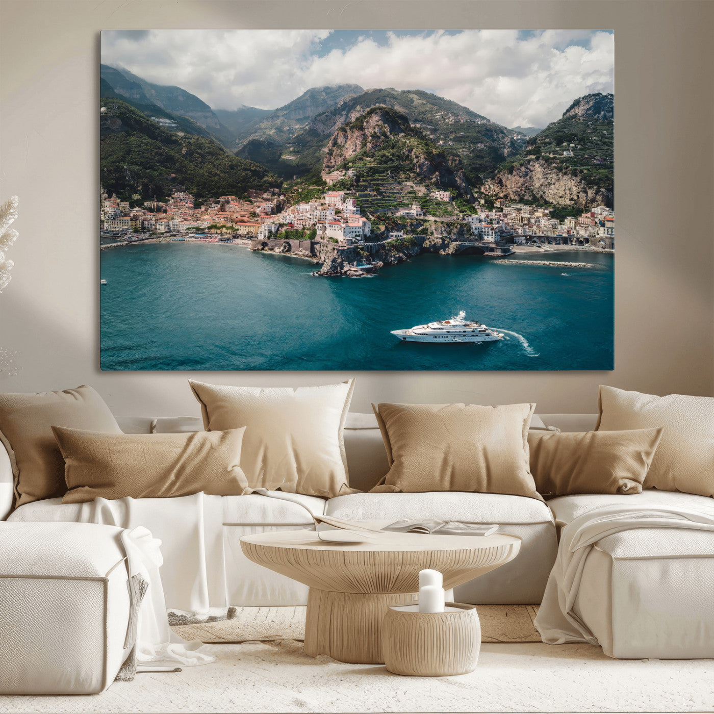 20321590-MGV-CV-36X24-Amalfi Coast Wall Art – Framed Italian Seaside Canvas Artwork, Mediterranean Landscape Design, Coastal Decor for Home, Office