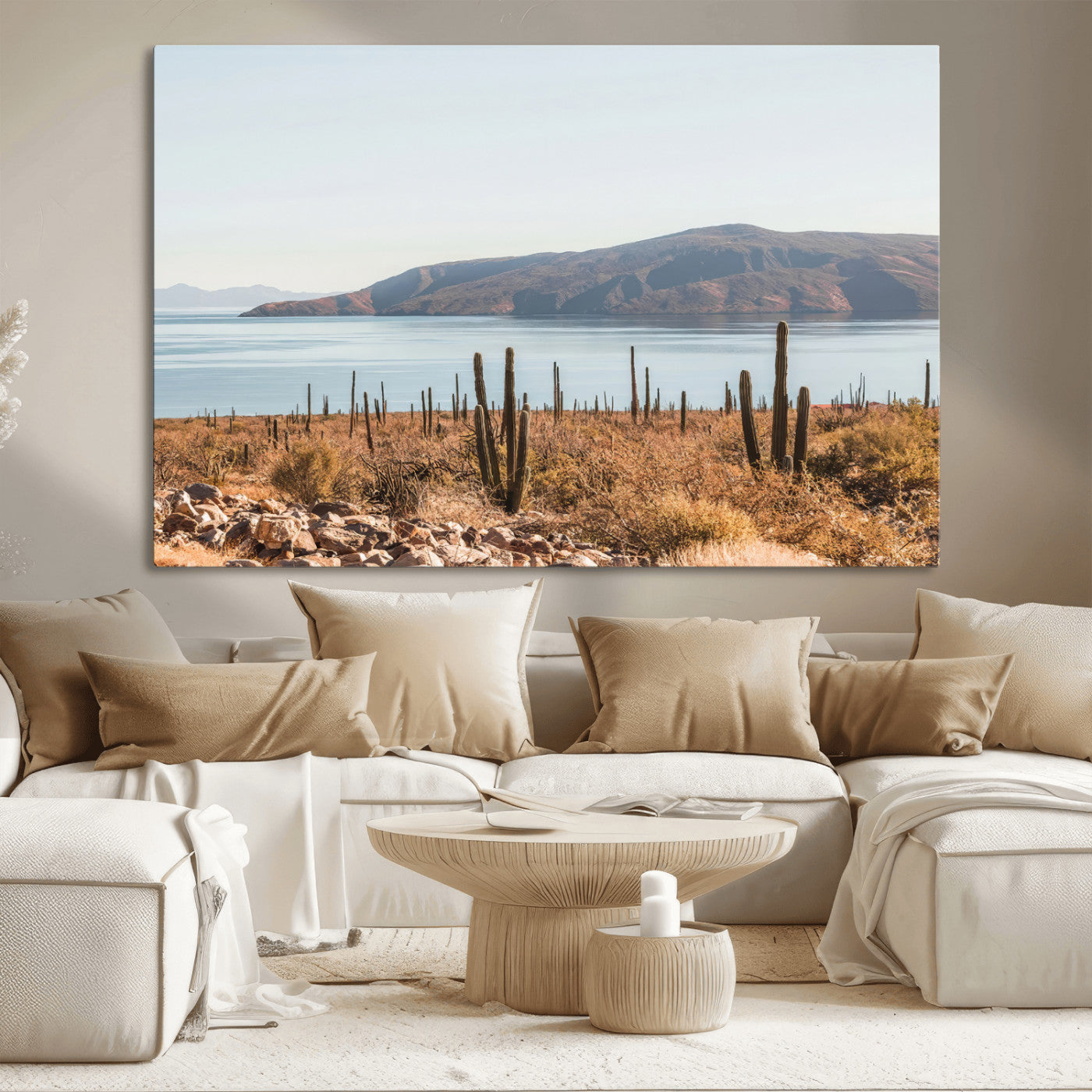 MGV-CV-36X24 - Desert Cactus Wall Art Canvas Print, Framed Baja Coastline Art Picture Print, Coastal Desert Perfect Southwestern Minimalist Decor Artwork