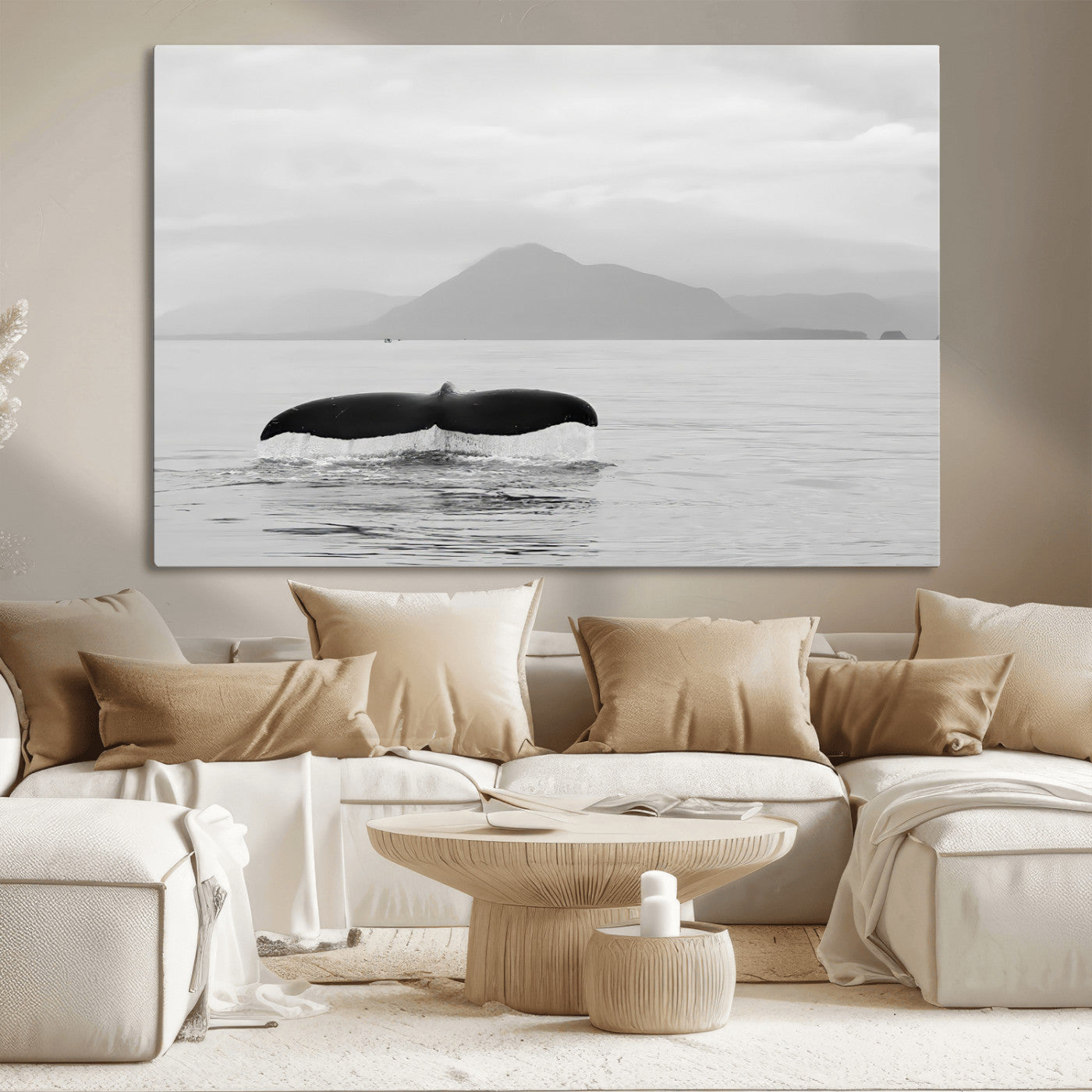 MGV-CV-36X24 - Whale Tail Wall Art Canvas Print, Framed Black White Ocean Art Picture Print, Calm Marine Perfect Minimalist Coastal Decor Artwork