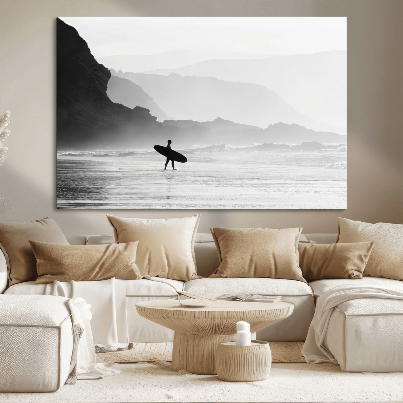 MGV-CV-36X24 - Surfer In Fog Wall Art Canvas Print, Framed Moody Shoreline Art Picture Print, Cliffside Waves Perfect Minimalist Coastal Decor Artwork
