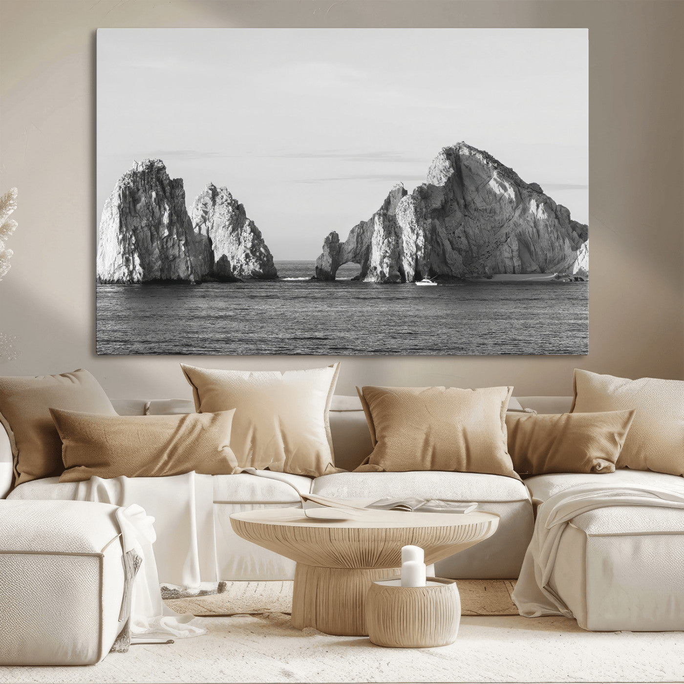 MGV-CV-36X24 - Rugged Coastline Wall Art Canvas Print, Framed Ocean Cliffs Art Picture Print, Monochrome Seascape Perfect Coastal Minimalist Decor Artwork