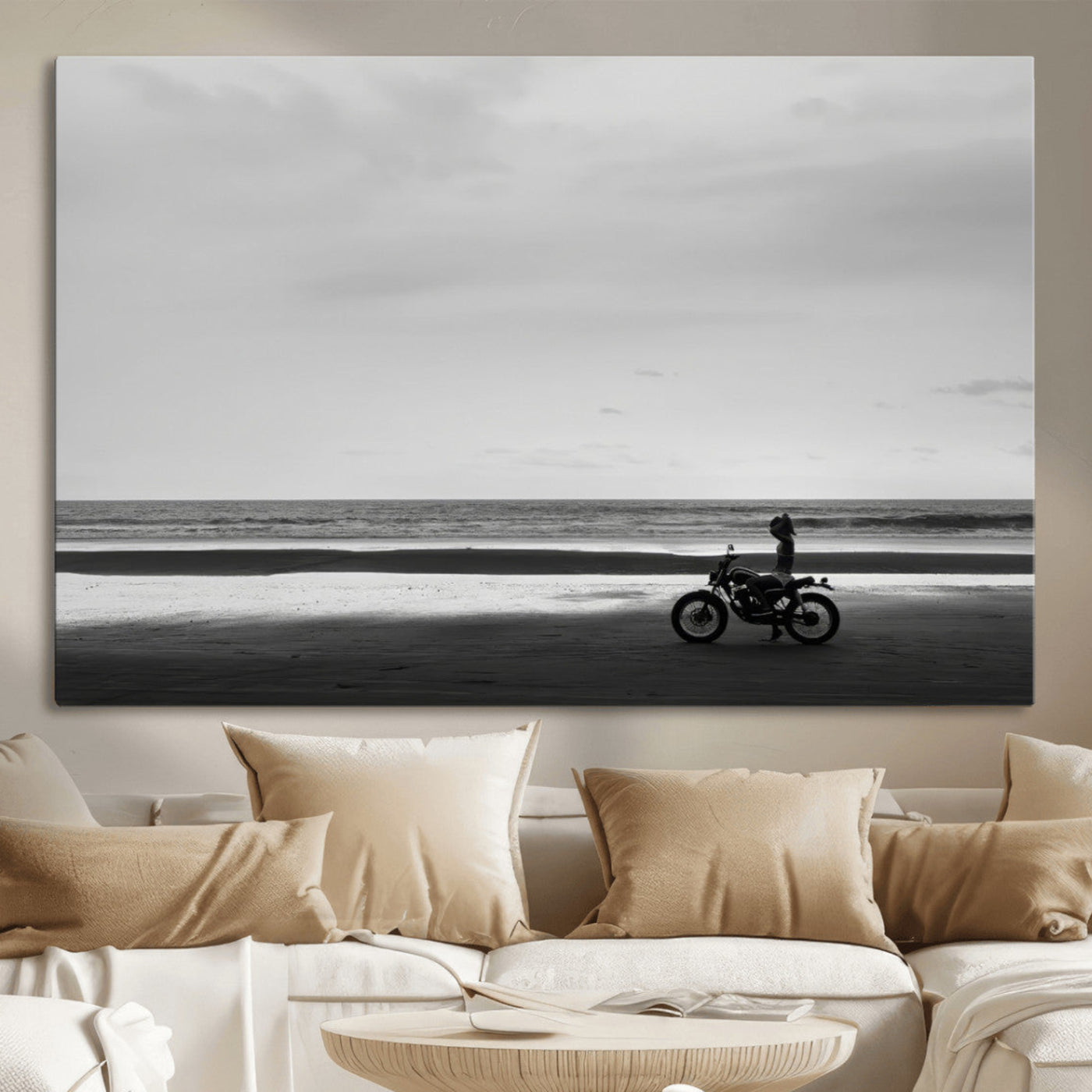 MGV-CV-36X24 - Motorcycle Beach Wall Art Canvas Print, Framed Vintage Motorcycle Art Picture Print, Biker Silhouette Perfect Minimalist Adventure Decor Artwork