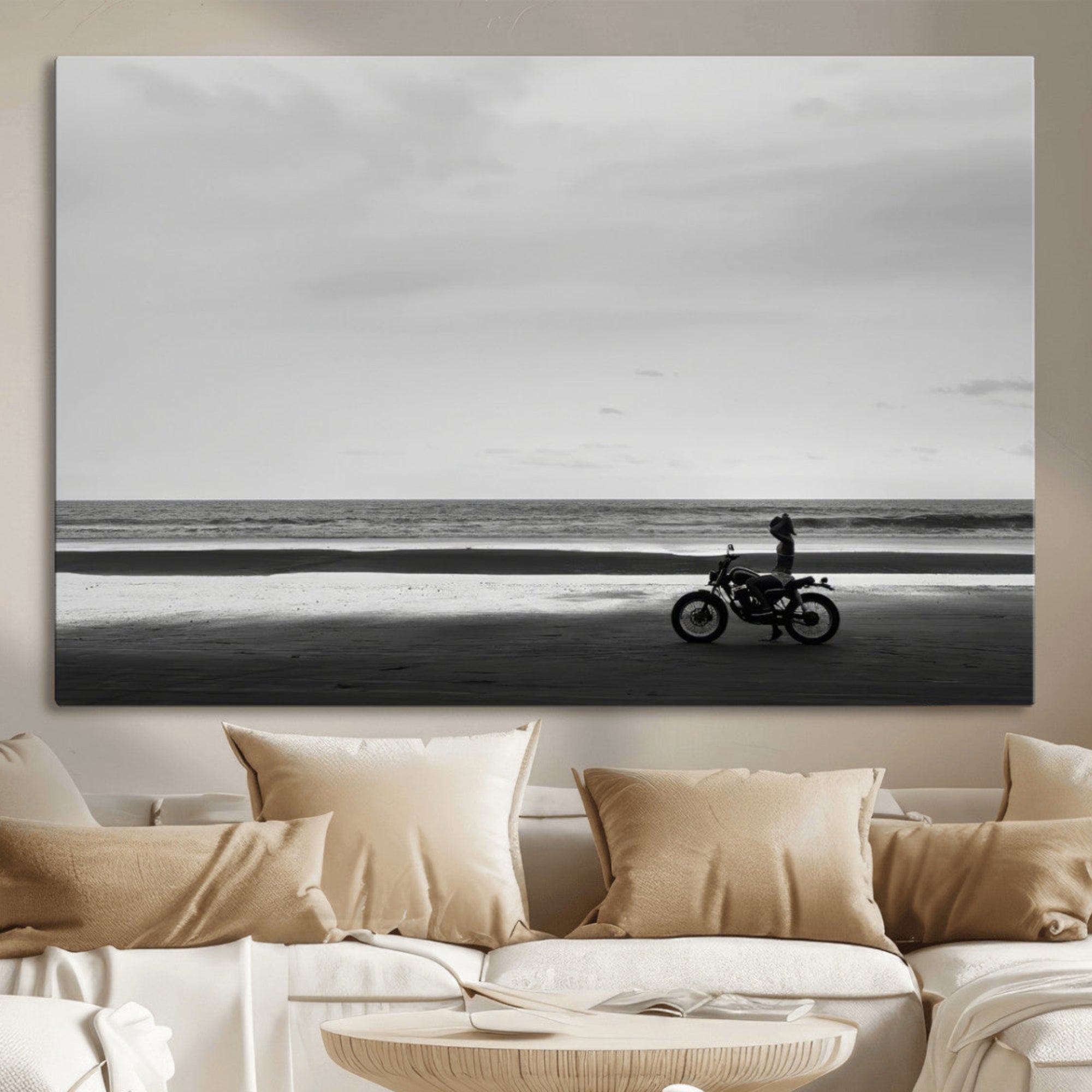 84739358-MGV-CV-36X24-Motorcycle Beach Wall Art Canvas Print – Framed Vintage Motorcycle Scene with Biker Silhouette Artwork for Home, Office