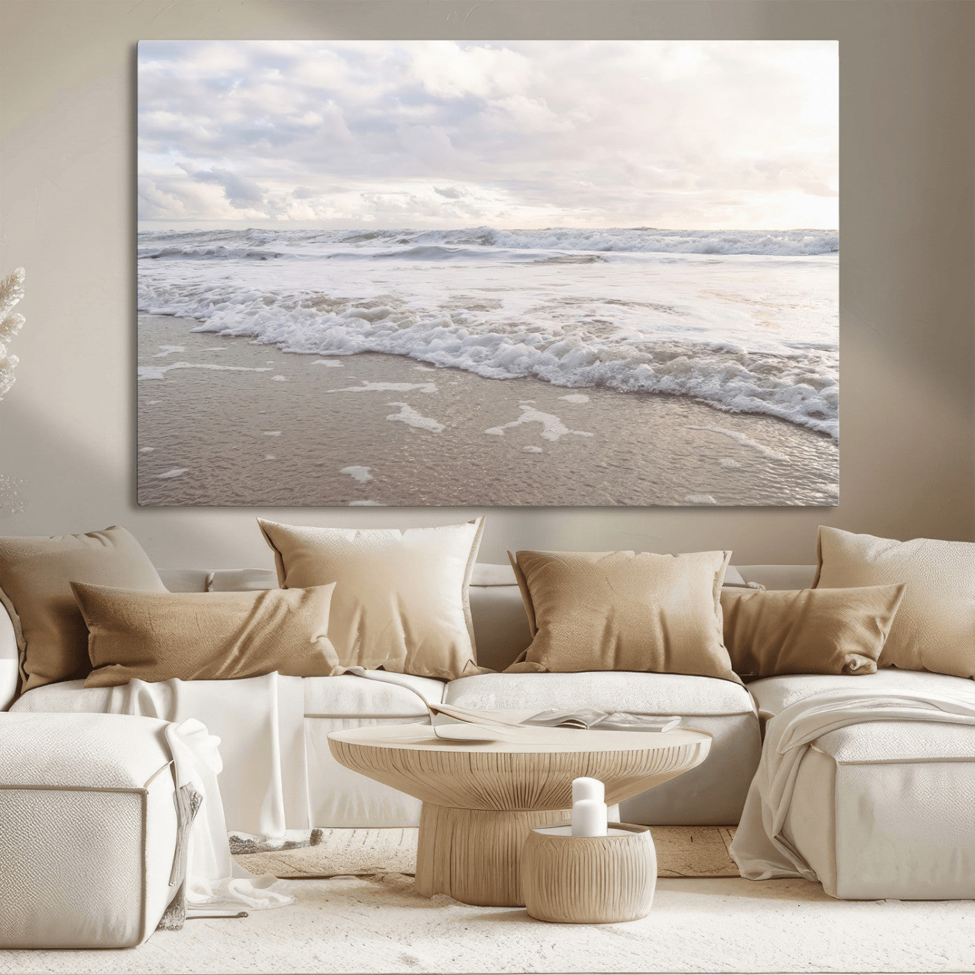 70596264-MGV-CV-36X24-Ocean Waves Wall Art Canvas Print – Framed Coastal Shoreline Scene with Sea Foam Artwork for Home, Office