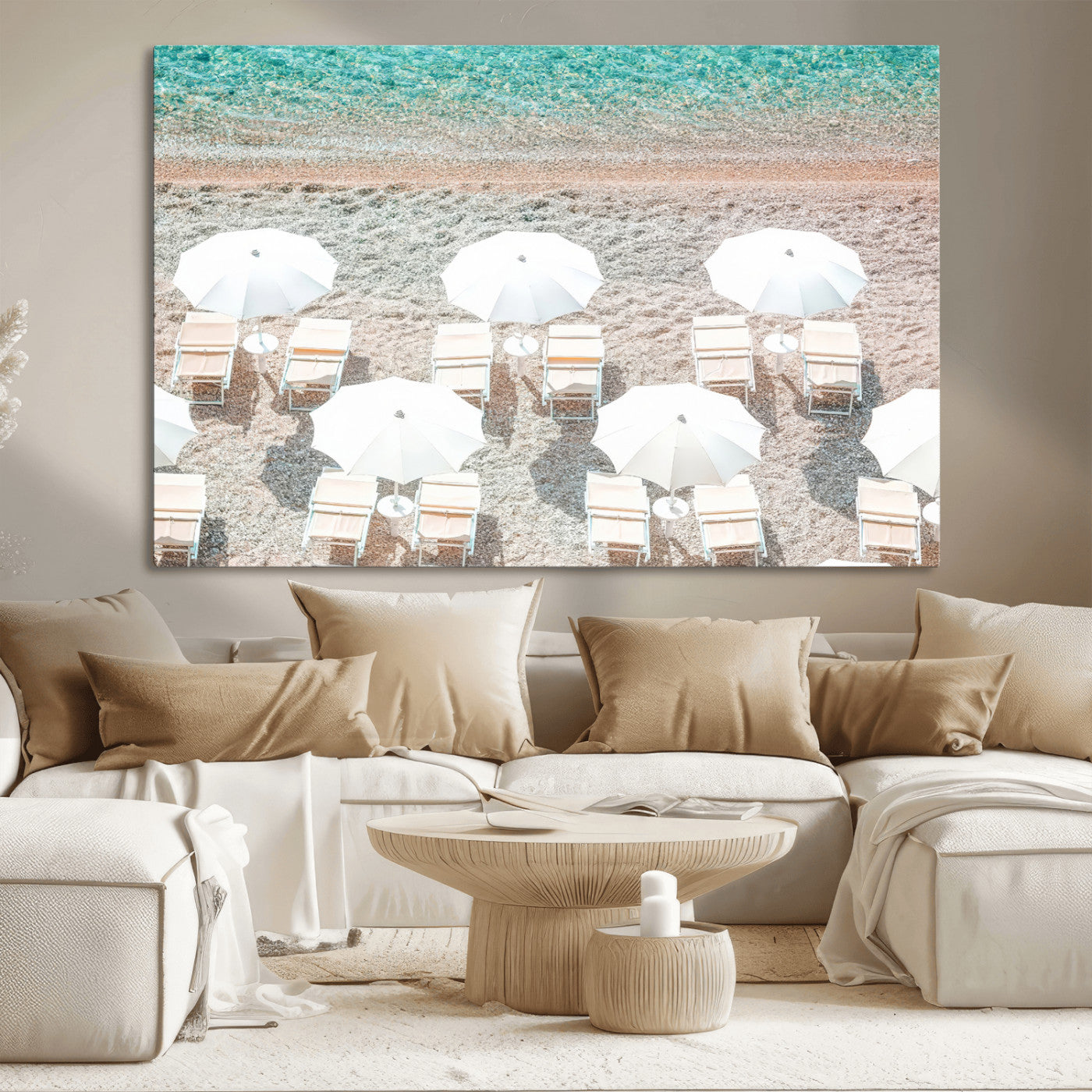 MGV-CV-36X24 - Calm Beach Wall Art Canvas Print, Framed Turquoise Water Art Picture Print, Umbrella Shoreline Perfect Coastal Minimalist Decor Artwork