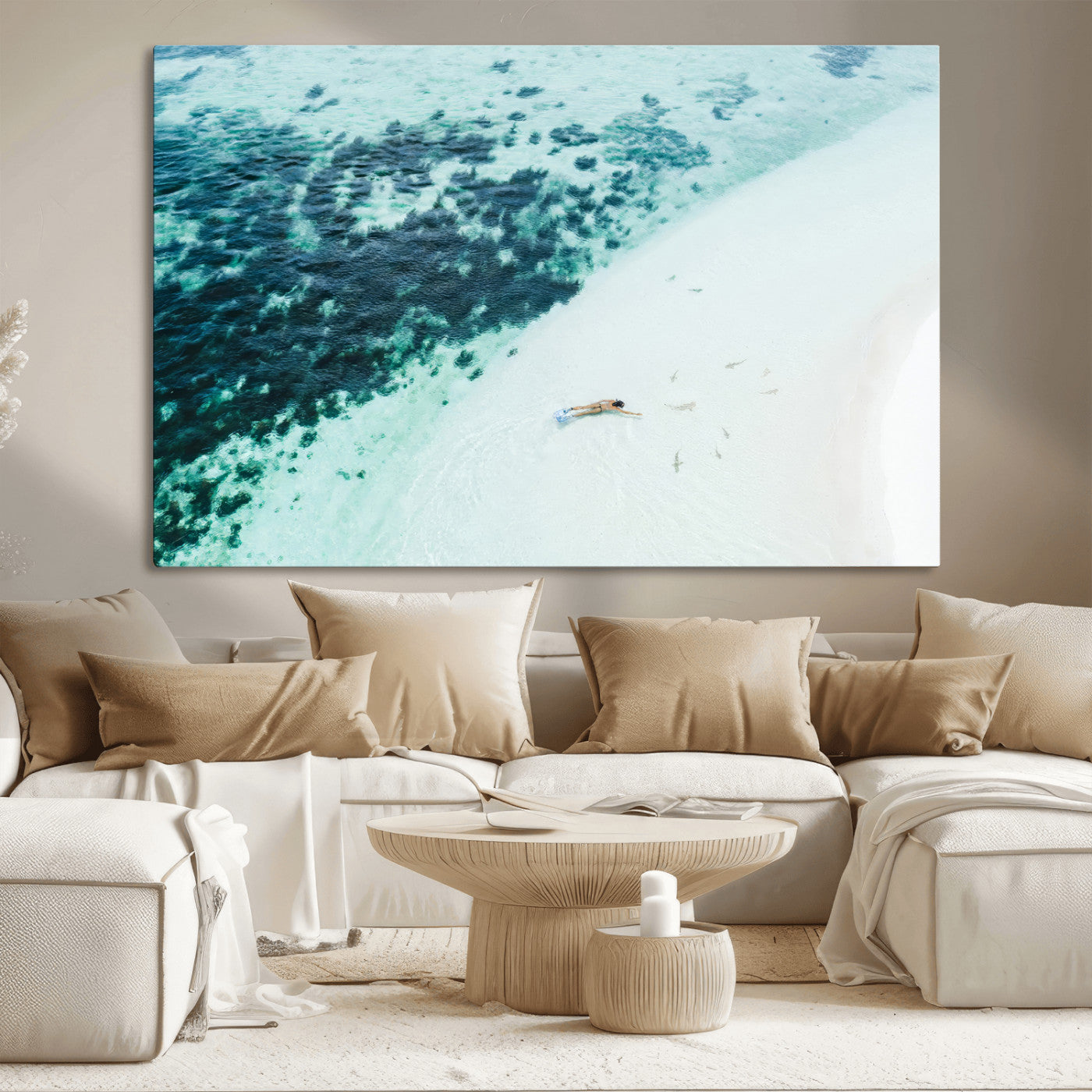 33764764-MGV-CV-36X24-Minimal Beach Wall Art – Framed Ocean Swimming Canvas Artwork, Clear Blue Sea Design, Modern Coastal Decor for Home, Office