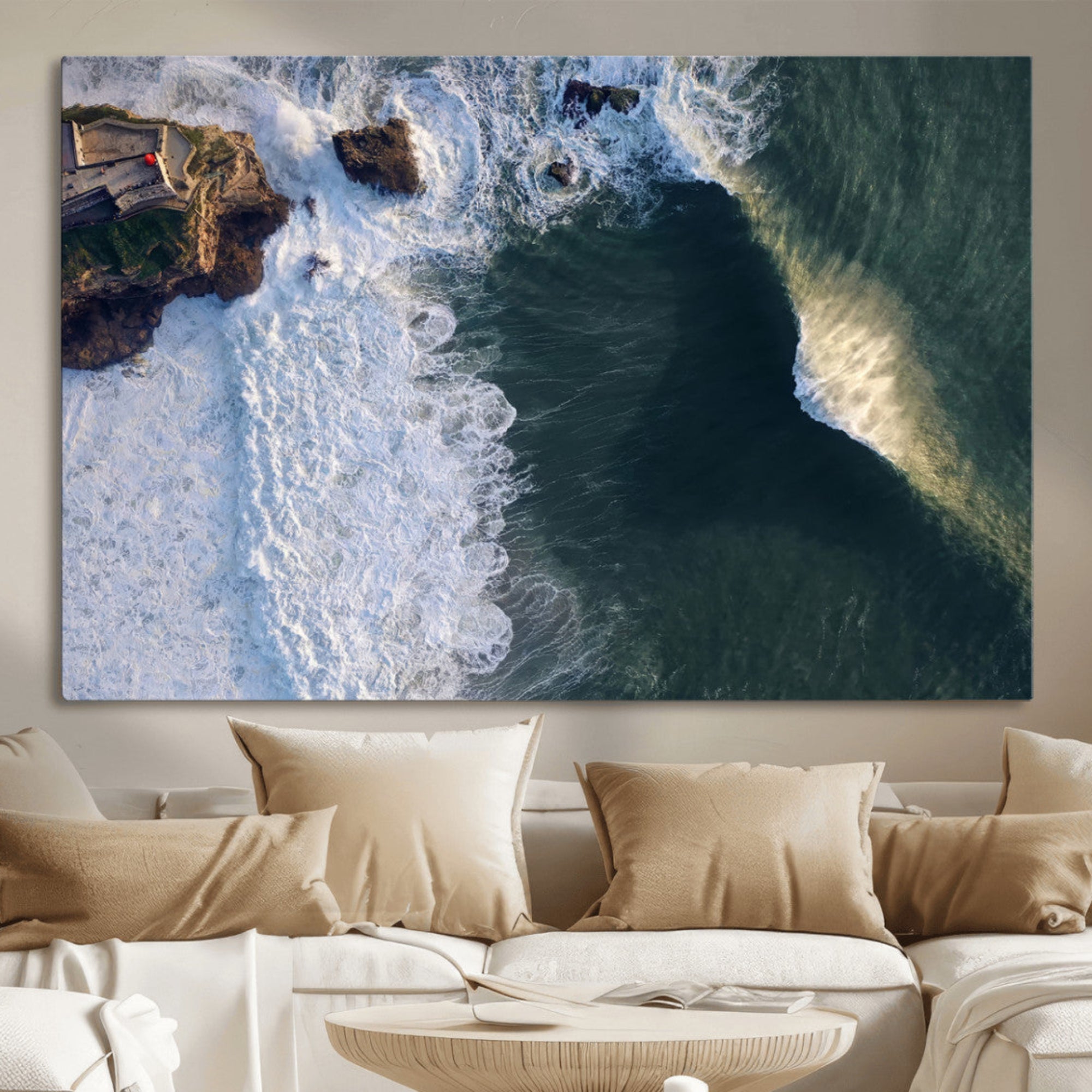 37405684-MGV-CV-36X24-Ocean Wave Wall Art – Aerial Coastal View Canvas Artwork, Powerful Sea Wave Design, Modern Beach Wall Decor for Home, Office