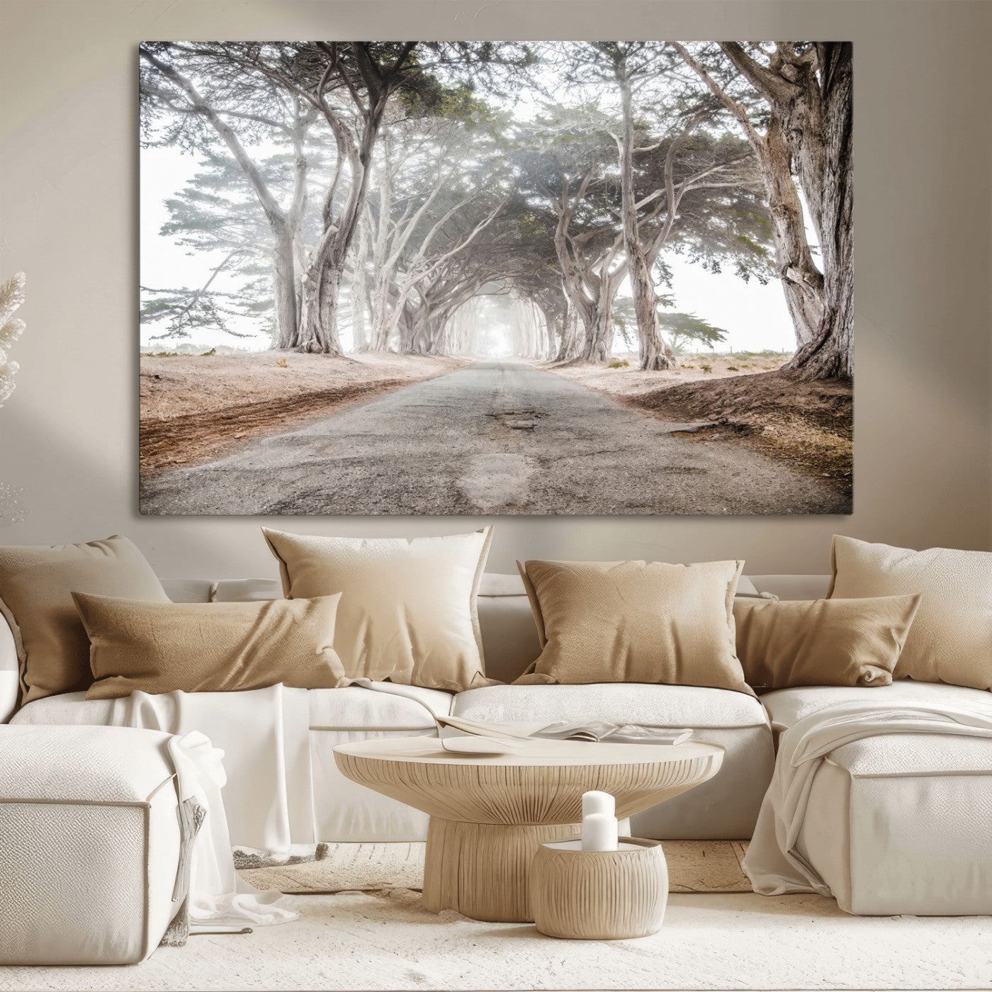 87090469-MGV-CV-36X24-Cypress Tunnel Wall Art – Framed Misty Road Canvas Artwork, Foggy Trees Design, Rustic Woodland Nature Decor for Home, Office
