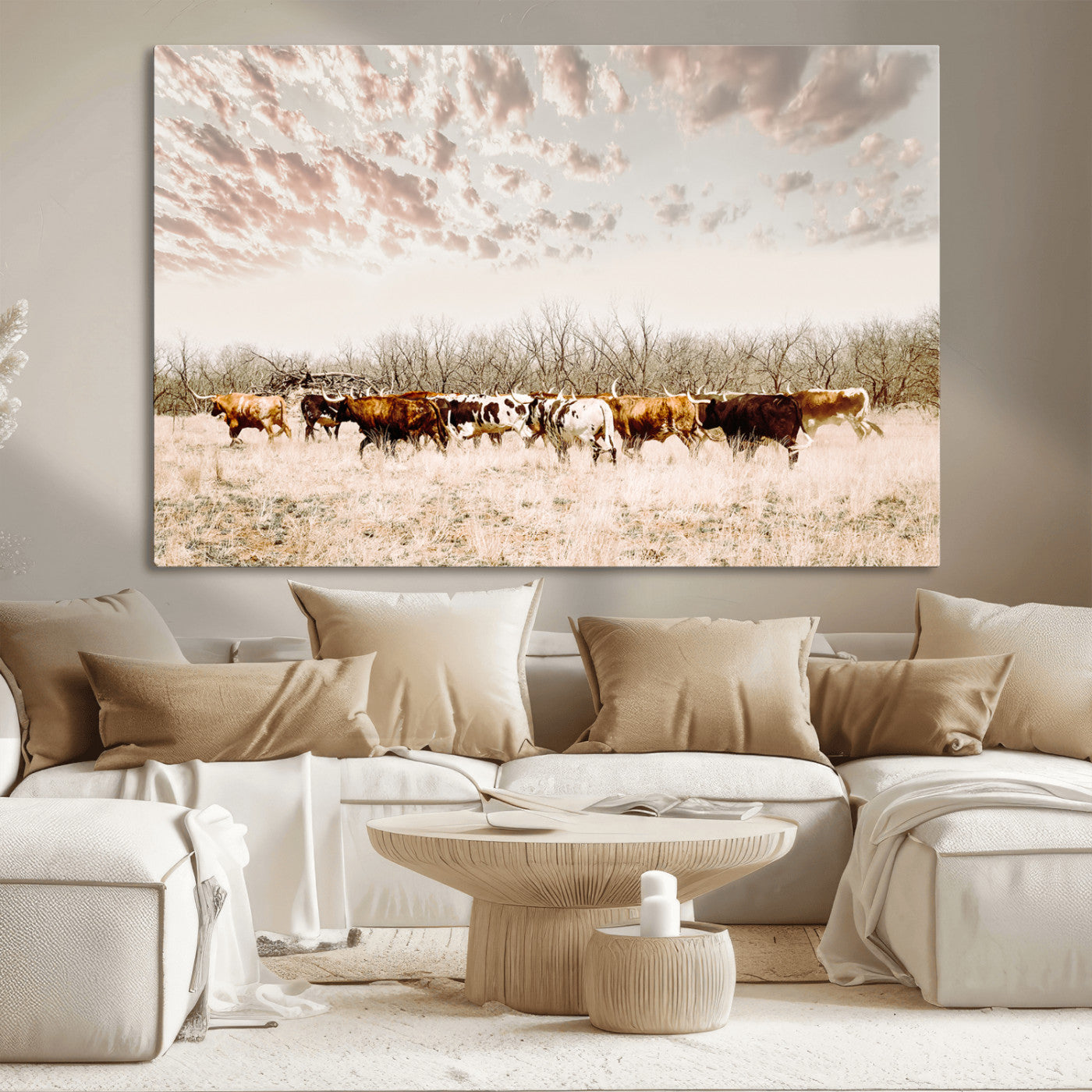64892775-MGV-CV-36X24-Longhorn Cattle Wall Art Canvas Print – Framed Texas Ranch Scene with Western Cow Artwork for Home, Office