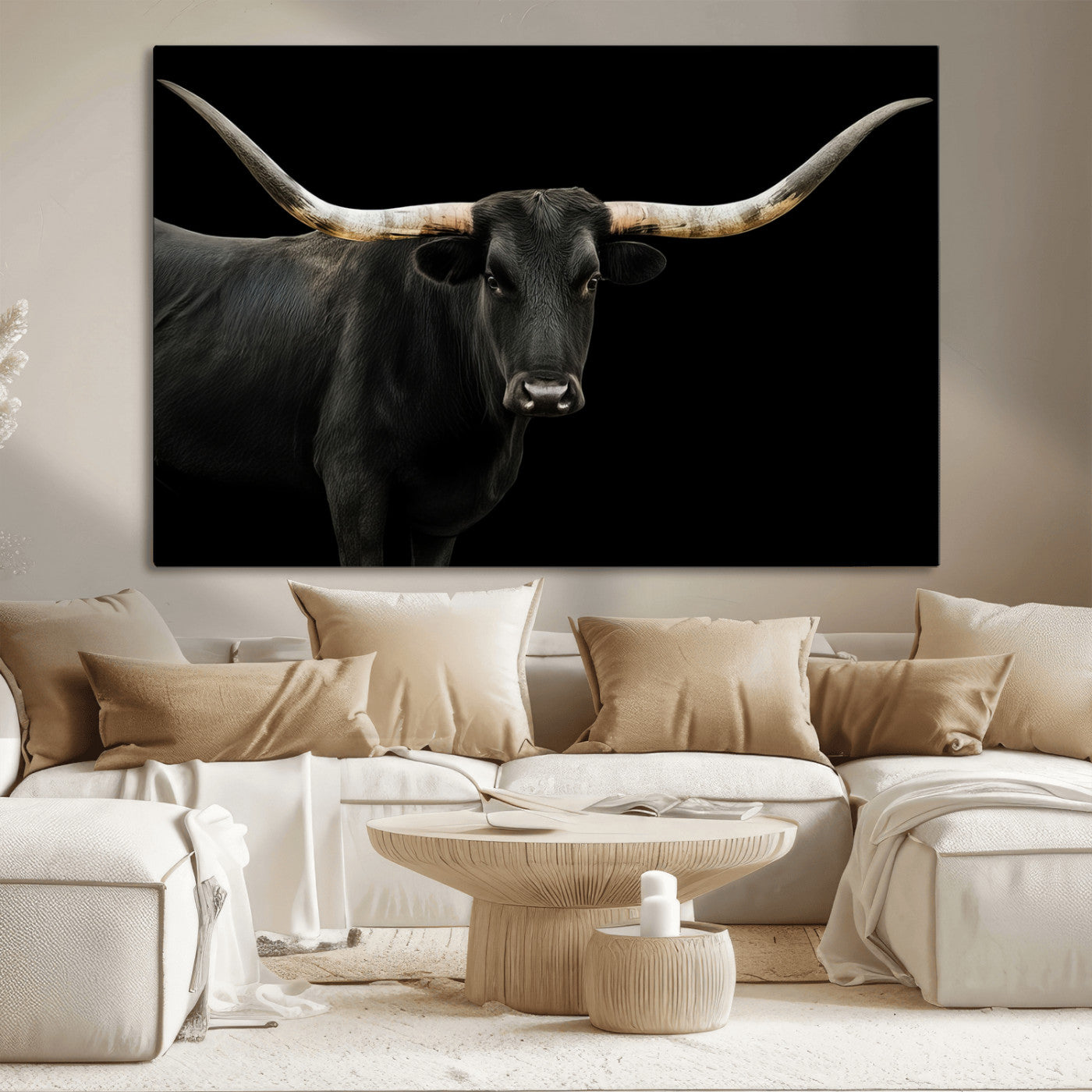 99448328-MGV-CV-36X24-Longhorn Cattle Wall Art Canvas Print – Framed Texas Ranch Scene with Western Cow Artwork for Home, Office, Living Room