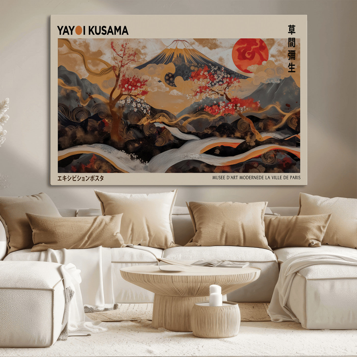 77970791-MGV-CV-36X24-Modern Japanese Wall Art Canvas Print – Framed Abstract Mount Fuji Scene with Yayoi Kusama Artwork for Home, Office