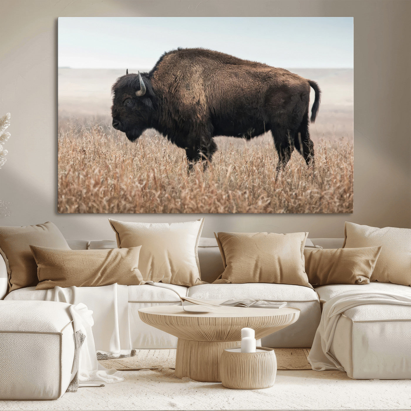 A lone bison stands in a vast prairie under a soft sky, evoking freedom and rustic charm for western or farmhouse inspired interiors.