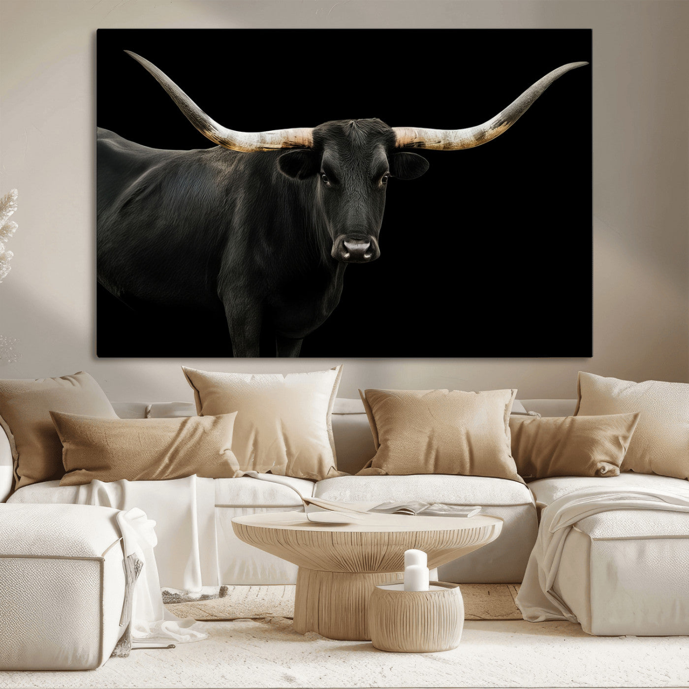-Texas Longhorn Wall Art Canvas Print, Framed Rustic Western Art Picture Print, Farmhouse Animal Perfect Modern Western Minimalist Decor Artwork