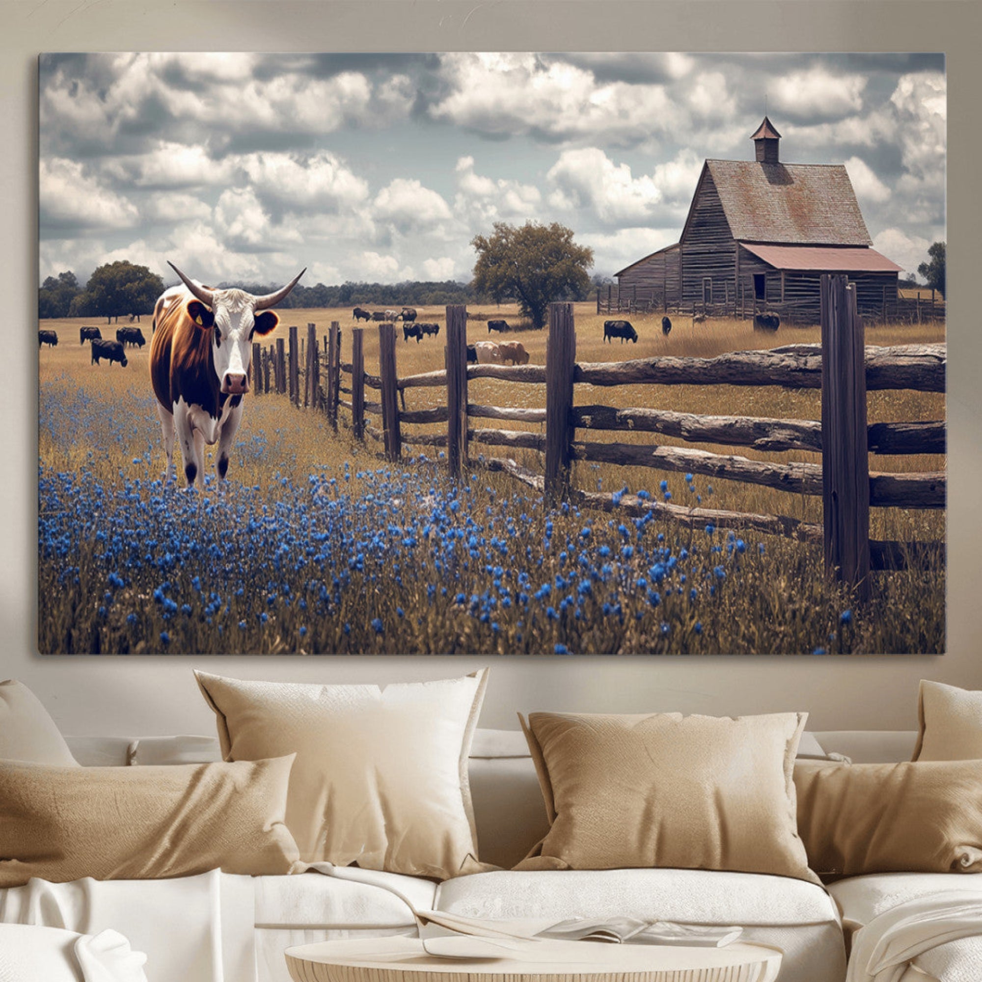Framed canvas print of a Texas Longhorn near a rustic barn and fence, ideal for farmhouse or western-style home wall decor.