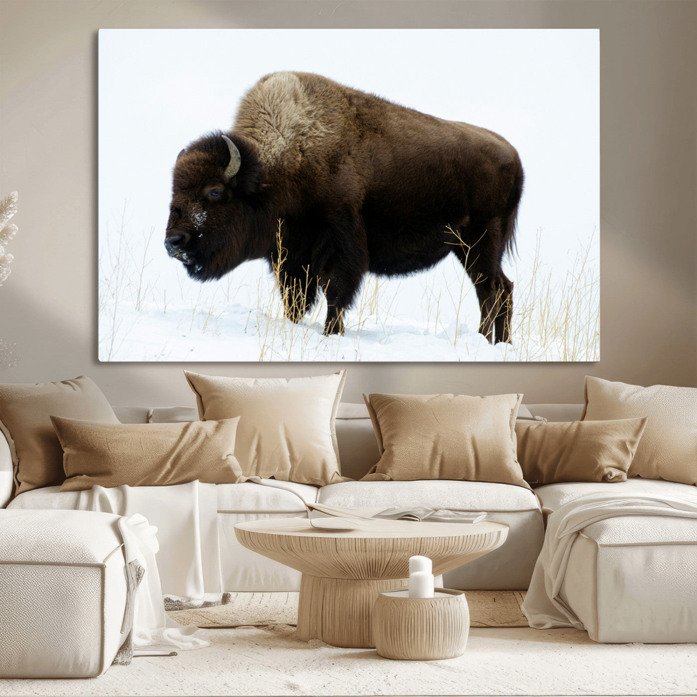 76778120-MGV-CV-36X24-Bison Wall Art Canvas Print – Framed Western Wildlife Buffalo Snow Rustic Nature Scene Artwork for Home Office