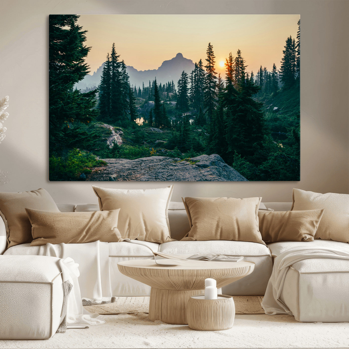 66397982-MGV-CV-36X24-Mountain Wall Art Canvas Print – Framed Forest Serenity Mountain Nature Scene Artwork for Home Office
