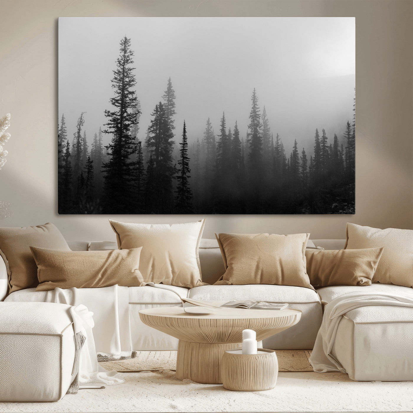73138900-MGV-CV-36X24-Misty Pines Wall Art Canvas Print – Framed Woodland Minimalist Rustic Nature Scene Photography Artwork for Home Office