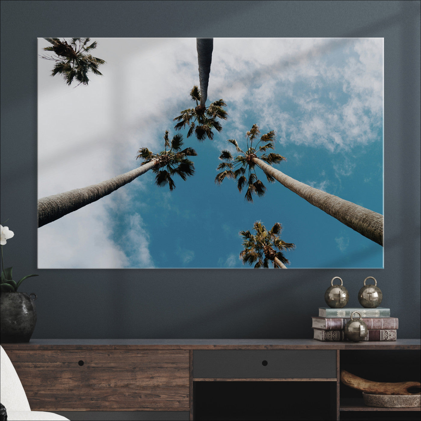 45236398-MGV-CV-36X24-Tropical Palm Trees Wall Art Canvas Print – Framed California Sky Minimalist Nature Scene Artwork for Home Office