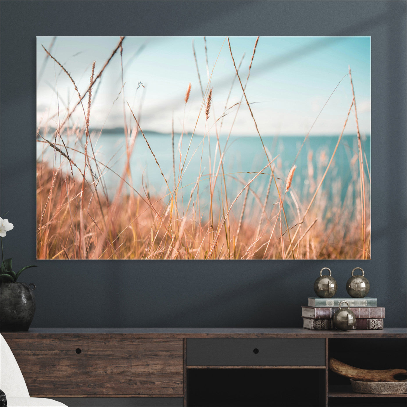 36108696-MGV-CV-36X24-Coastal Grass Landscape Wall Art Canvas Print – Golden Shoreline Nature Scene Serene Ocean View Artwork for Home Office