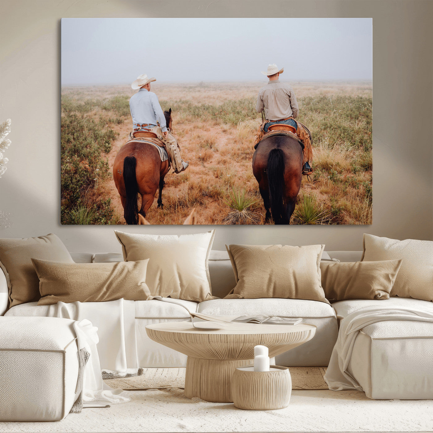Two cowboys riding horseback through a misty prairie, capturing the rustic and adventurous spirit of the Western frontier.