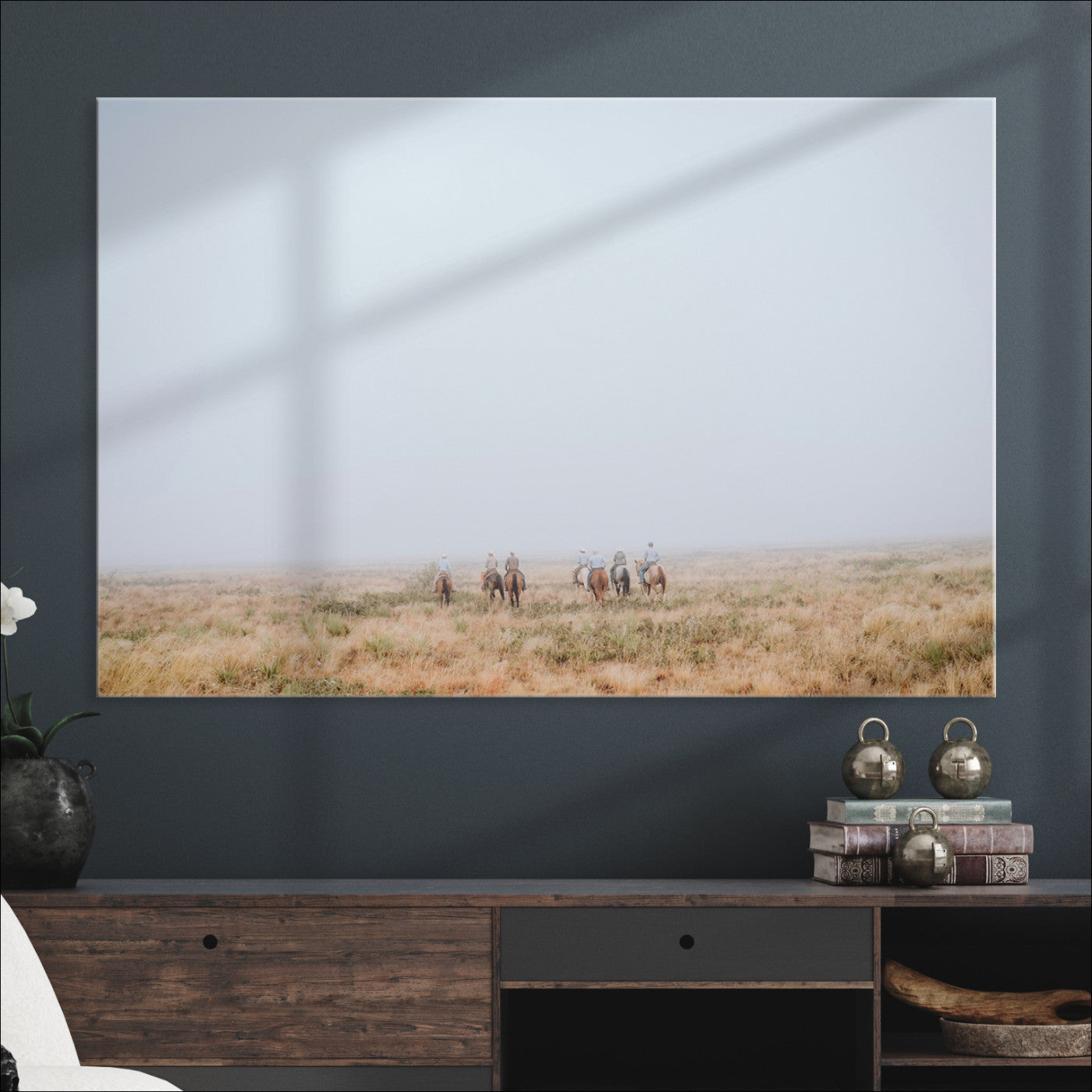 14761944-MGV-CV-36X24-Foggy Plains Wall Art Canvas Print – Framed Horseback Riders Rustic Western Landscape Scene Artwork for Home Office