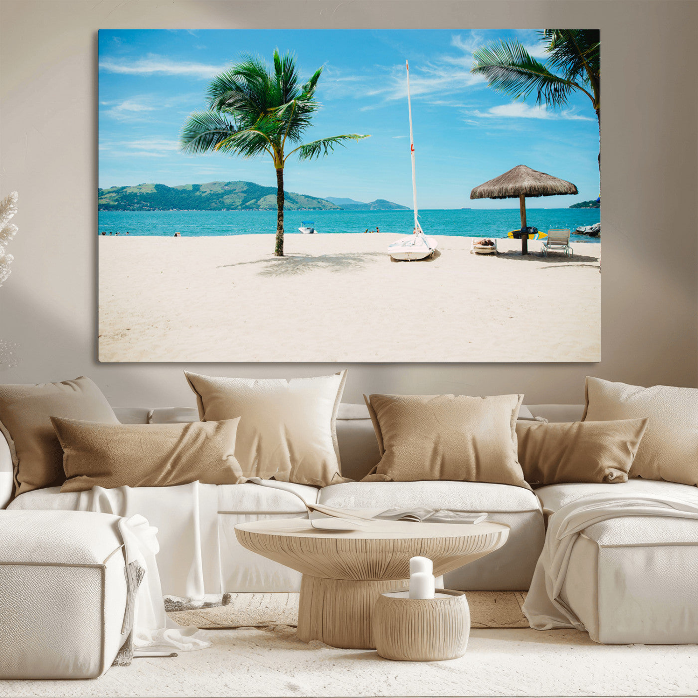 Tropical beach scene with palm trees, a white sailboat, and turquoise ocean waters under a bright blue sky, creating a peaceful summer vibe.