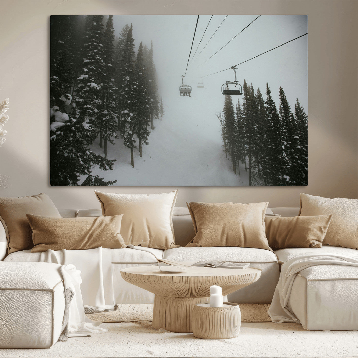 87018452-MGV-CV-36X24-Ski Lift Wall Art Canvas Print – Snowy Pines Misty Landscape Winter Serenity Artwork for Home, Office Decor