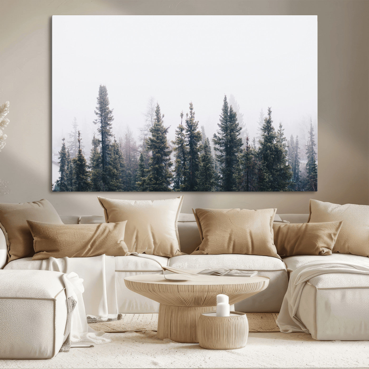 42364796-MGV-CV-36X24-Foggy Forest Wall Art Canvas Print – Framed Misty Pines Moody Woodland Nature Scene Artwork for Home Office