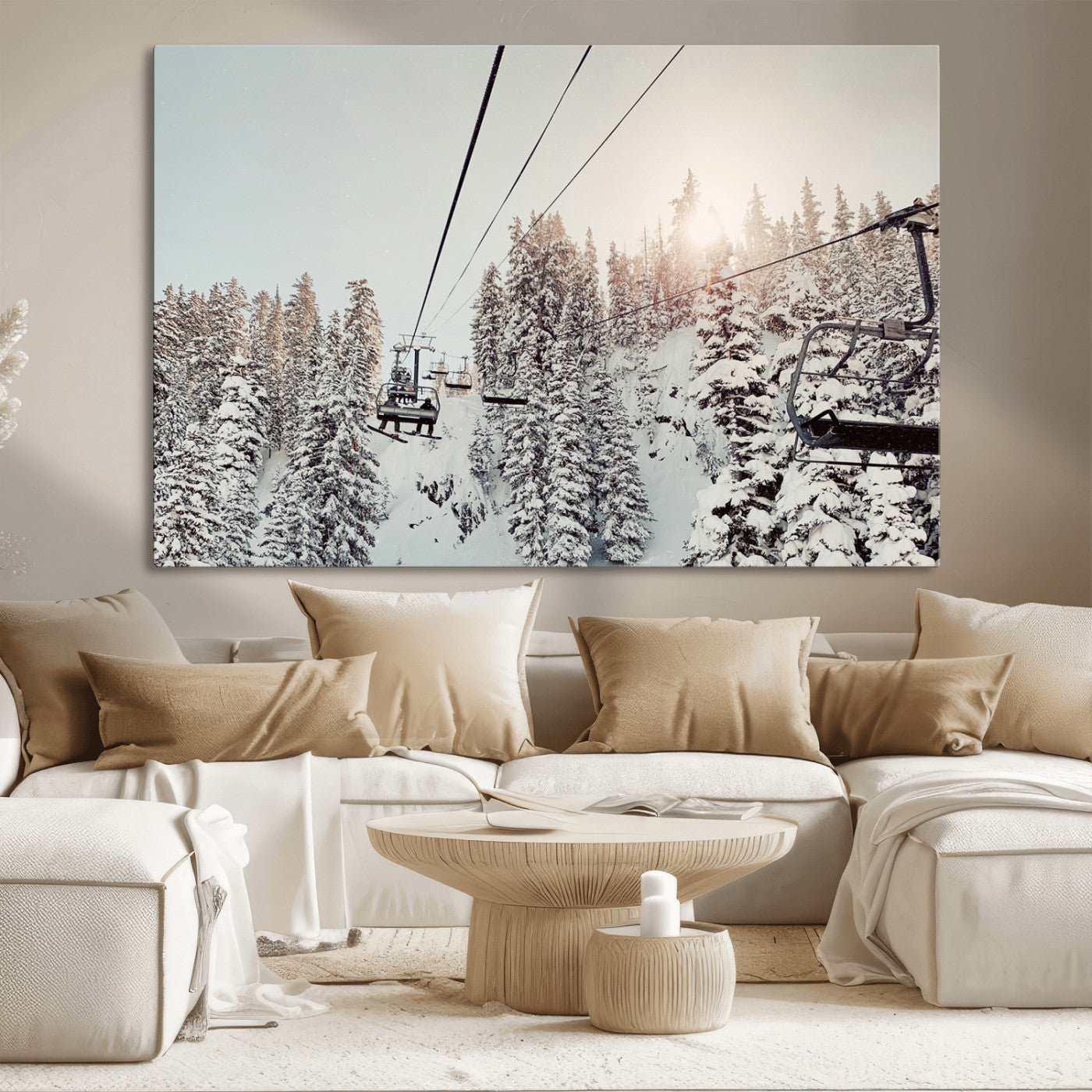 91534512-MGV-CV-36X24-Frosty Pines Wall Art Canvas Print – Framed Cozy Cabin Ski Lift Ride Winter Scene Artwork for Home Office