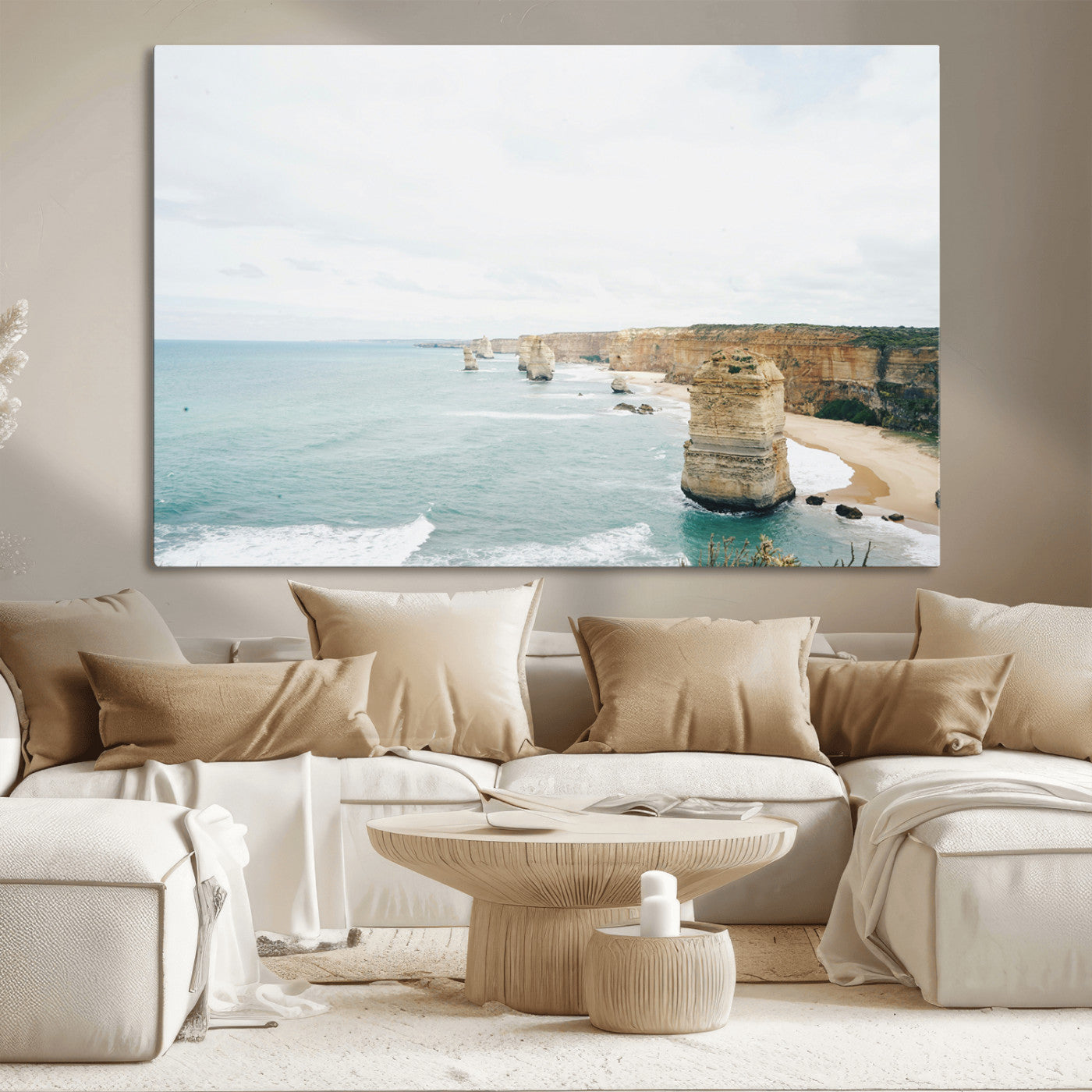 70095633-MGV-CV-36X24-Twelve Apostles Wall Art Canvas Print – Framed Coastal Cliffs Rugged Rock Formations Artwork for Home Office