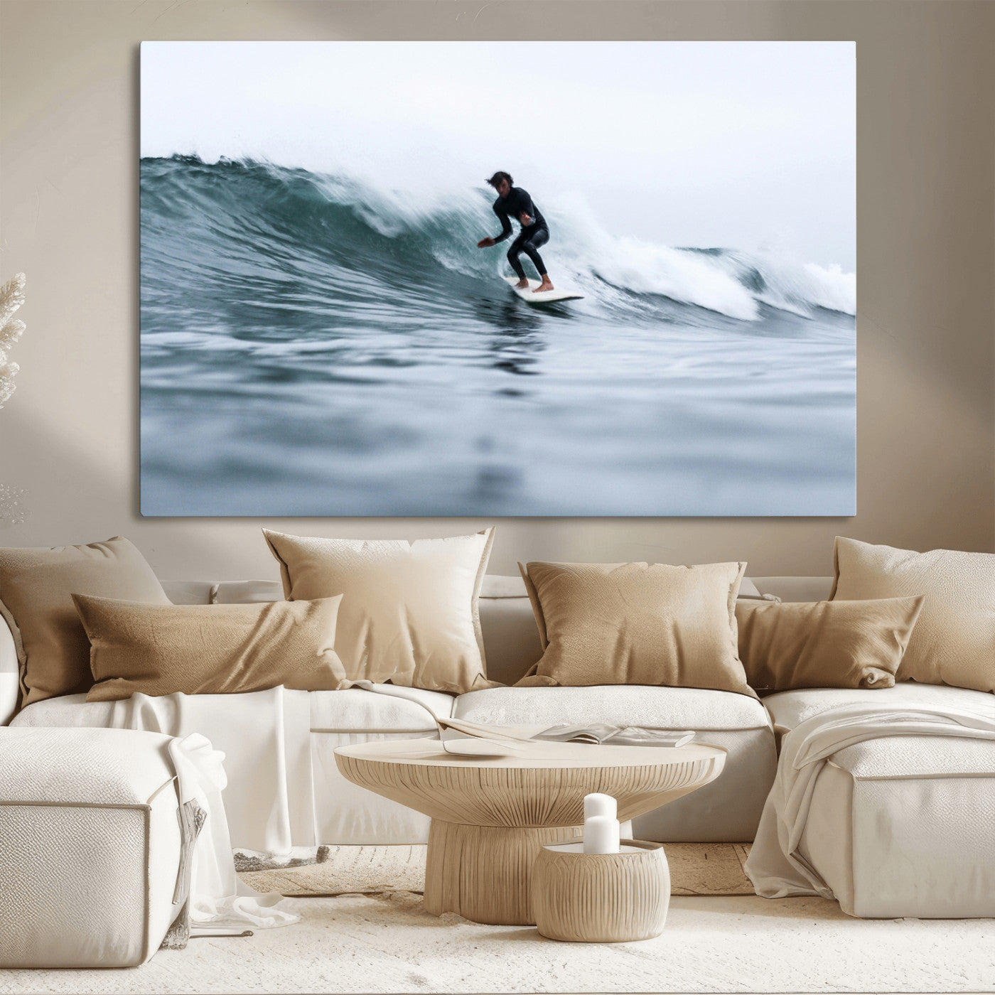 11693607-MGV-CV-36X24-Surfer on Wave Wall Art Canvas Print – Framed Ocean Adventure Motion Blur Water Coastal Action Artwork for Home, Office