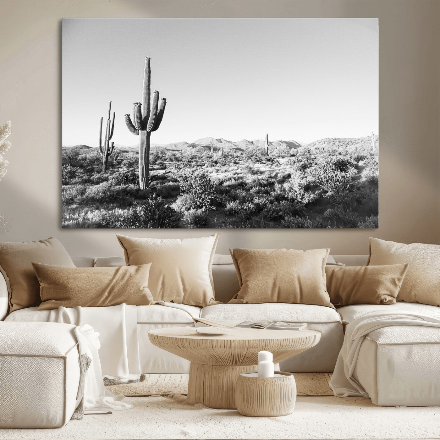 85205054-MGV-CV-36X24-Saguaro Cactus Wall Art Canvas Print – Framed Monochrome Landscape Scenic Arizona Minimalist Western Artwork for Home, Office