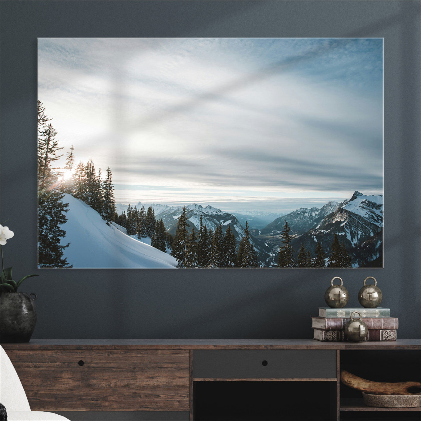 55564749-MGV-CV-36X24-Snowy Mountain Wall Art Canvas Print – Frosty Peaks Alpine Landscape Winter Sky Nature Photography Artwork for Home Office