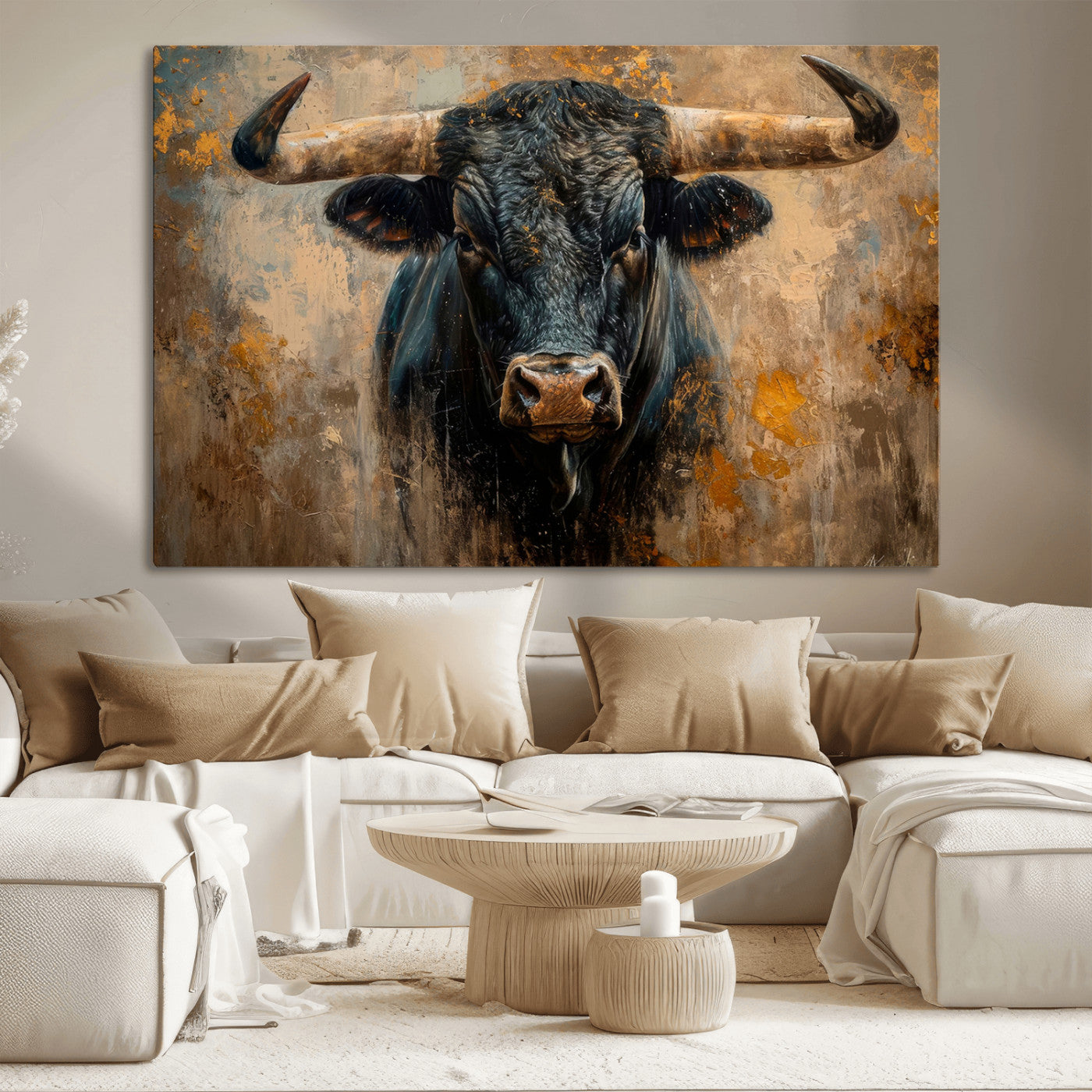 91615410-MGV-CV-36X24 - Abstract Texas Longhorn Bull Wall Art – Rustic Farmhouse Canvas Print, Western Cabin Style Decor, Large Animal Artwork for Living Room or Office