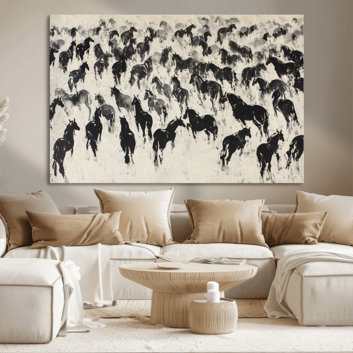 -Wild Horse Stampede Wall Art Canvas Print – Monochrome Running Horses Dynamic Motion Elegant Scene Artwork for Home, Office