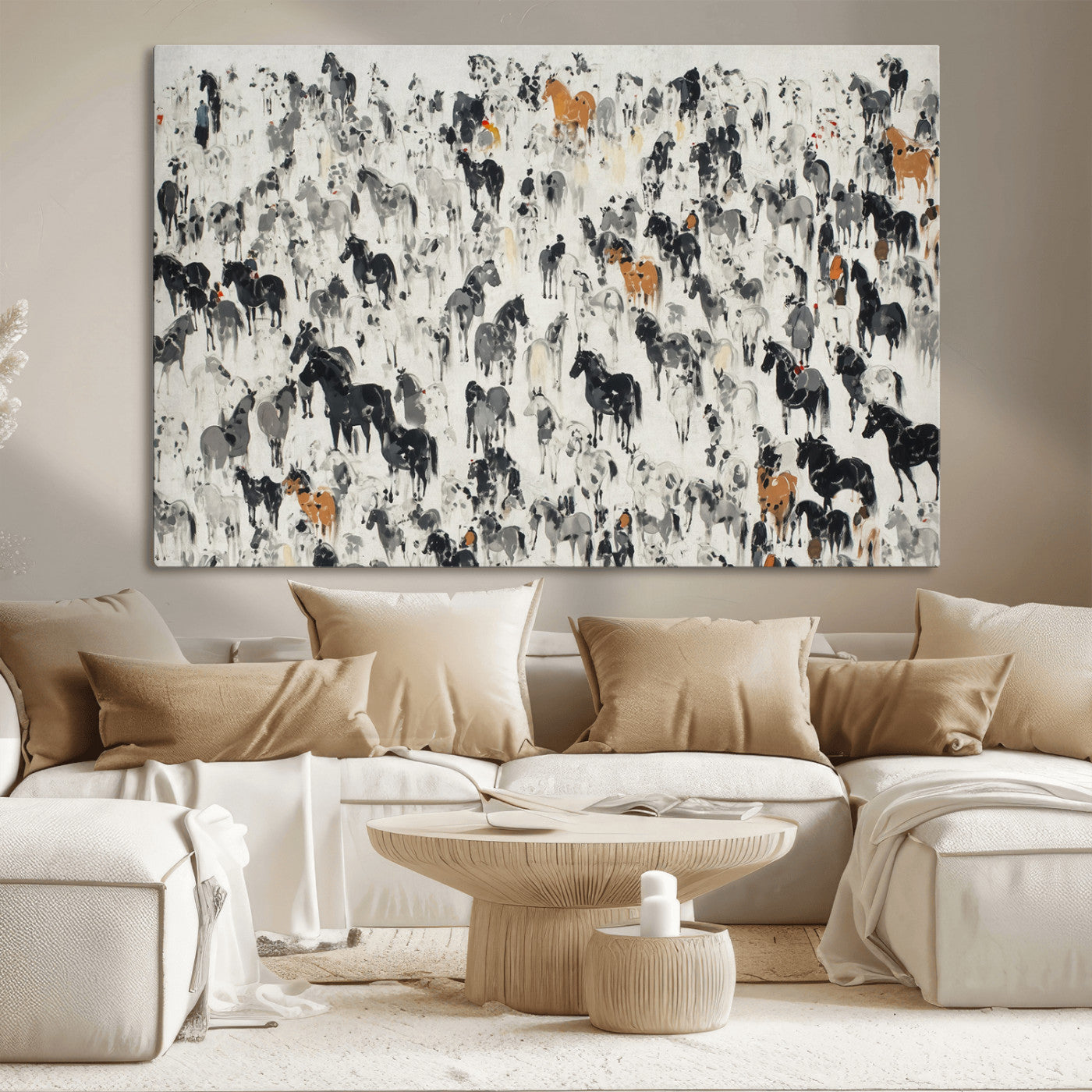 56463722-MGV-CV-36X24-Wild Horse Stampede Wall Art Canvas Print – Monochrome Running Horses Dynamic Motion Elegant Scene Artwork for Home, Office