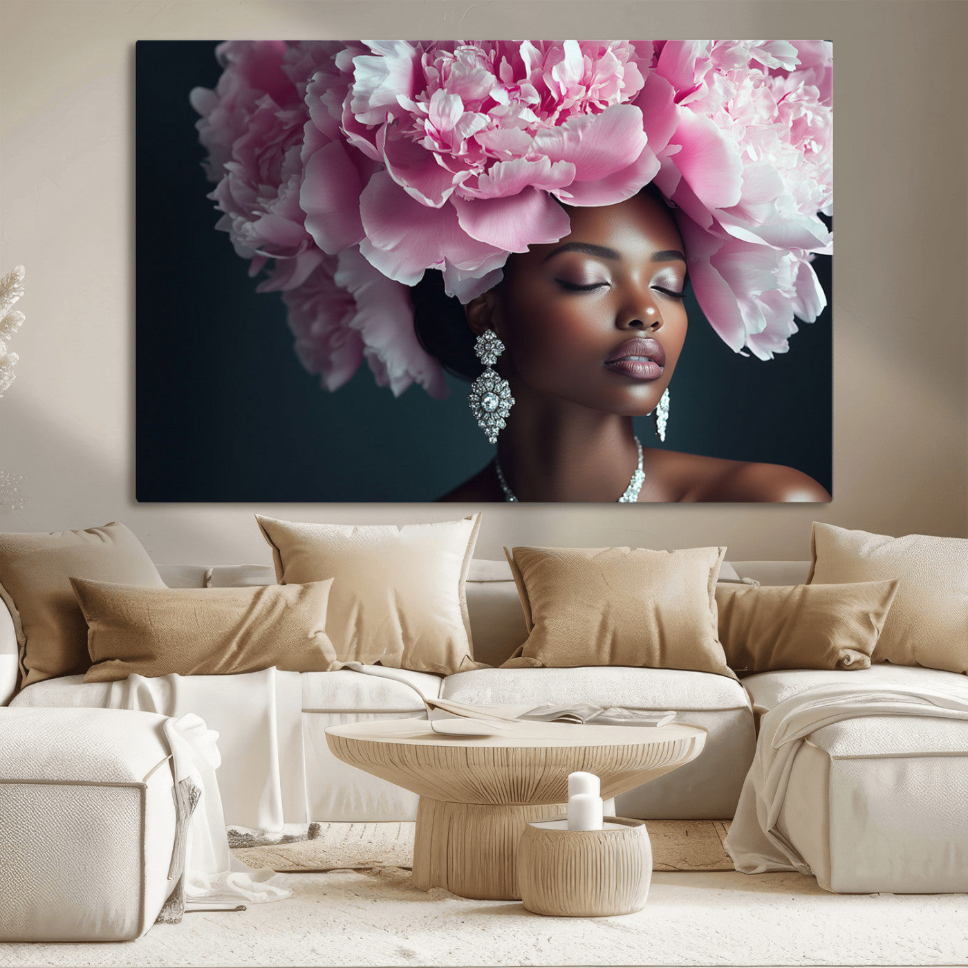35482880-MGV-CV-36X24-Black Beauty Petal Crown Wall Art Canvas Print – Floral Petal Headpiece Elegant Design, Petal Inspired Artwork for Home, Office