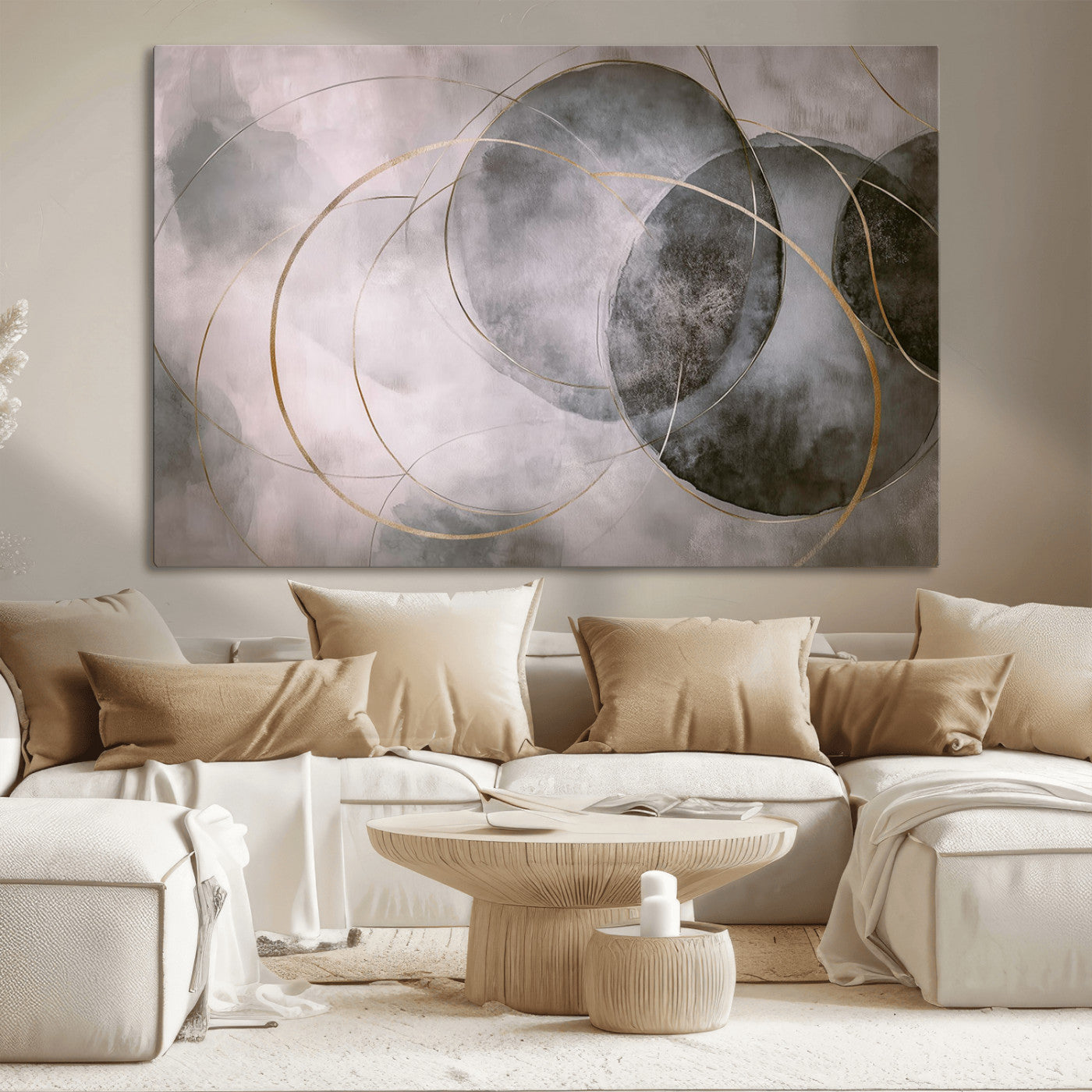 20066876-MGV-CV-36X24-Abstract Grey Gold Circle Wall Art – Modern Geometric Canvas Artwork, Minimal Elegant Design, Luxury Wall Decor for Home, Office