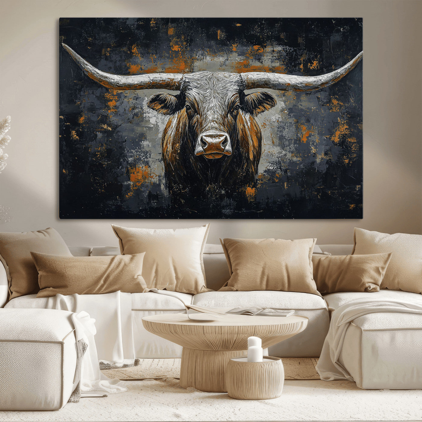 93195031-MGV-CV-36X24-Rustic Longhorn Bull Wall Art Canvas Print – Vintage Western Cattle Scene, Texas Steer Artwork for Home, Office