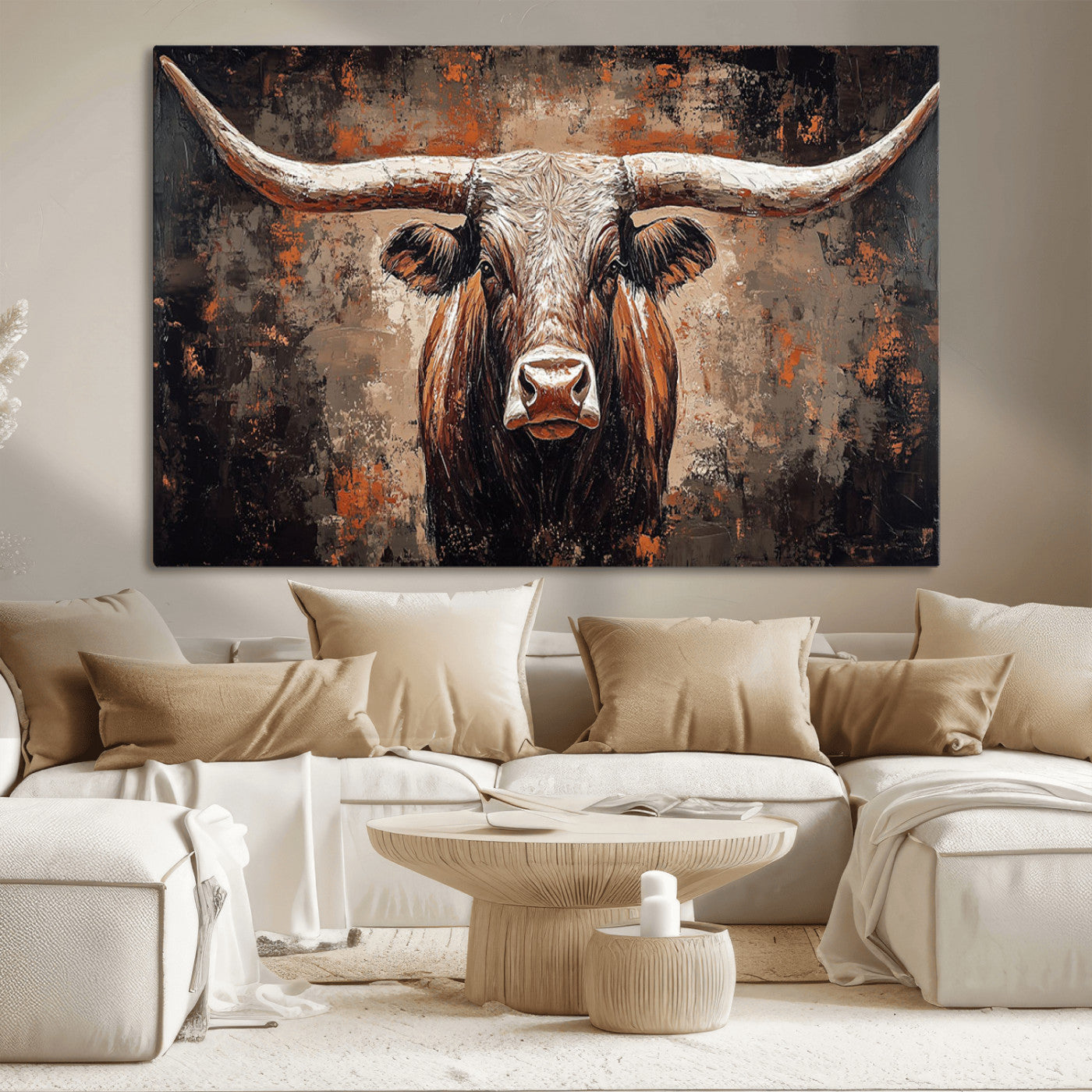 42732393-MGV-CV-36X24-Rustic Longhorn Bull Wall Art Canvas Print – Vintage Western Cattle Scene, Texas Steer Artwork for Home, Office