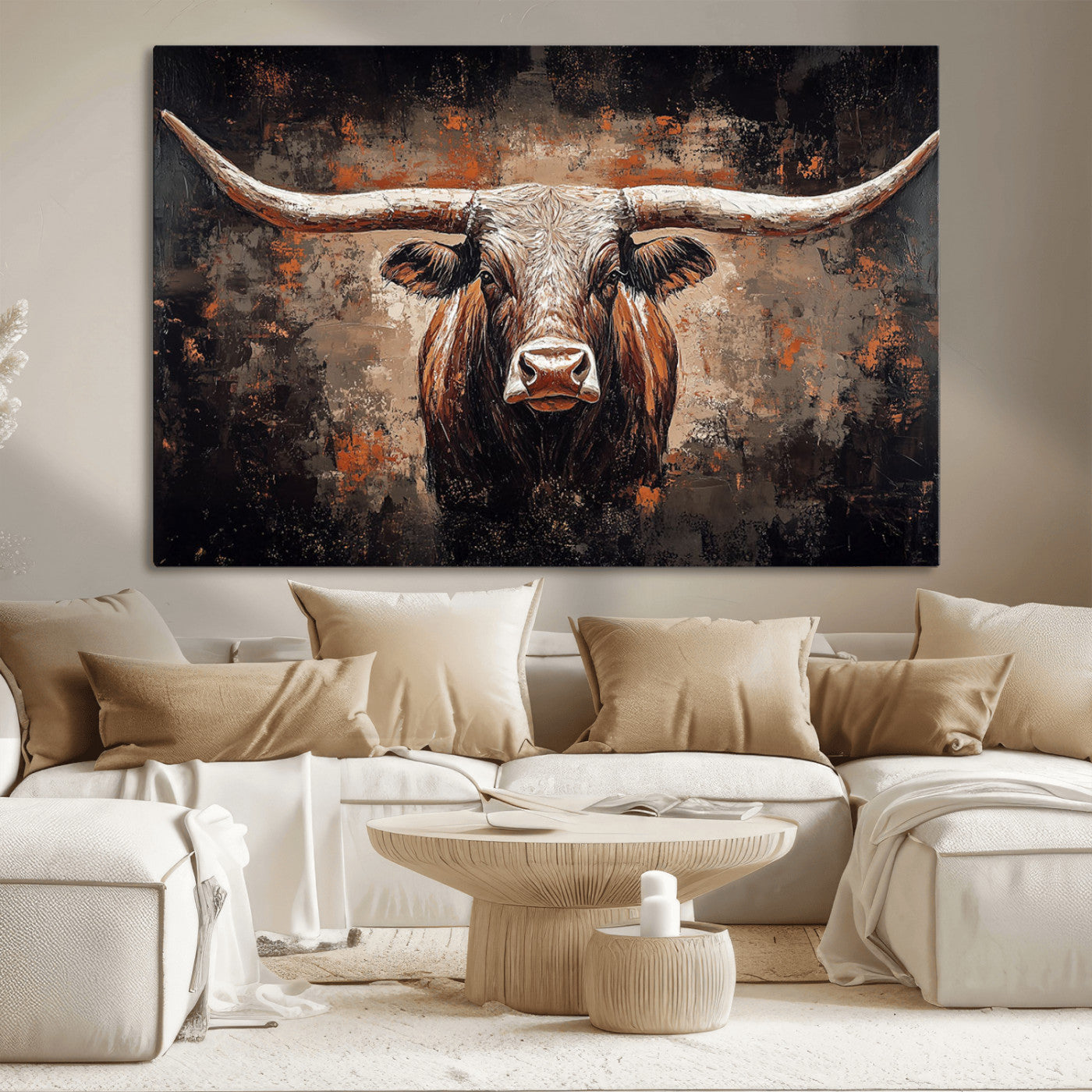 24779067-MGV-CV-36X24-Rustic Longhorn Bull Wall Art Canvas Print – Vintage Western Cattle Scene, Texas Steer Artwork for Home, Office