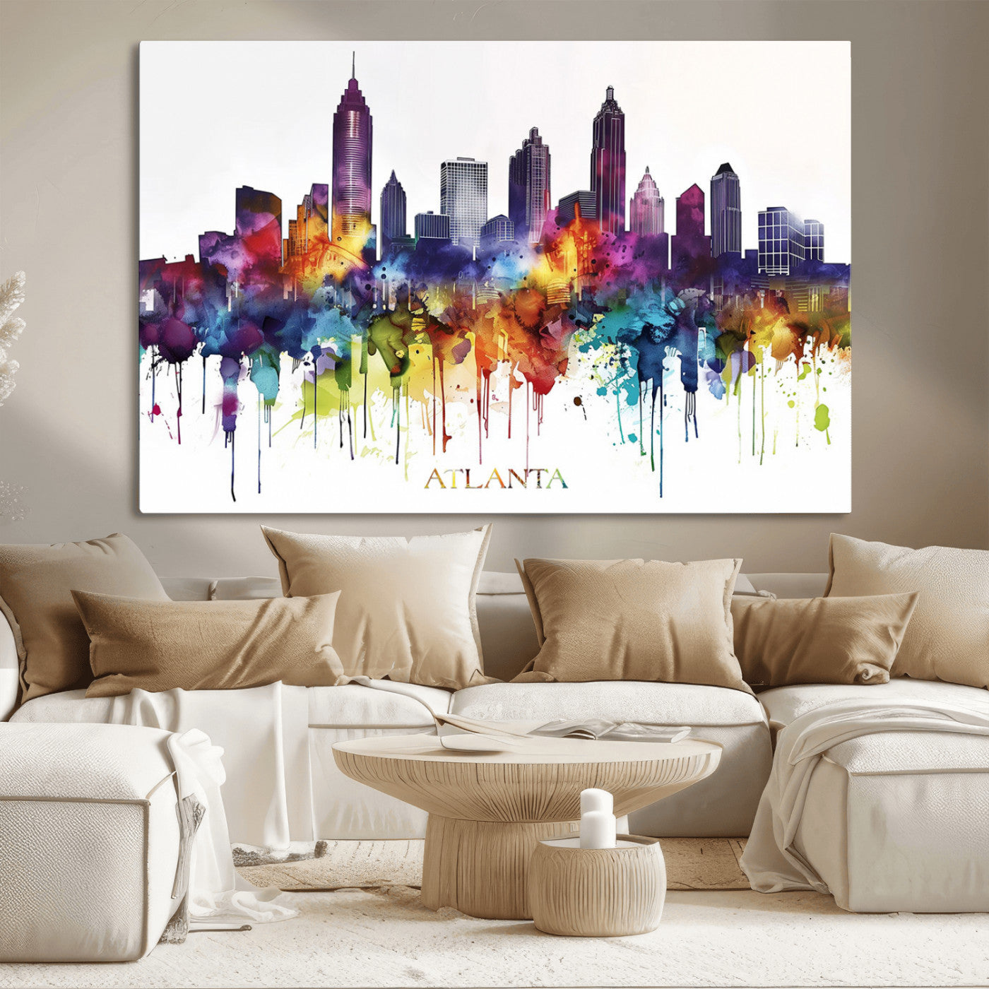 36048320-MGV-CV-36X24-Atlanta Skyline Wall Art Canvas Print – Framed Colorful Watercolor Cityscape Abstract Urban Artwork for Home, Office