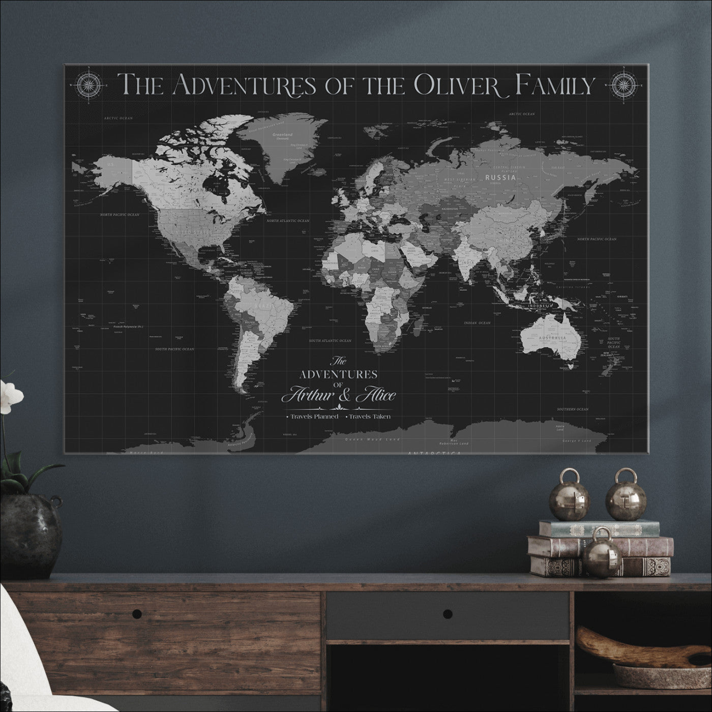 -Personalized Family World Map Canvas – Custom Framed Push Pin Travel Tracker, Modern Adventure Wall Art for Home, Office