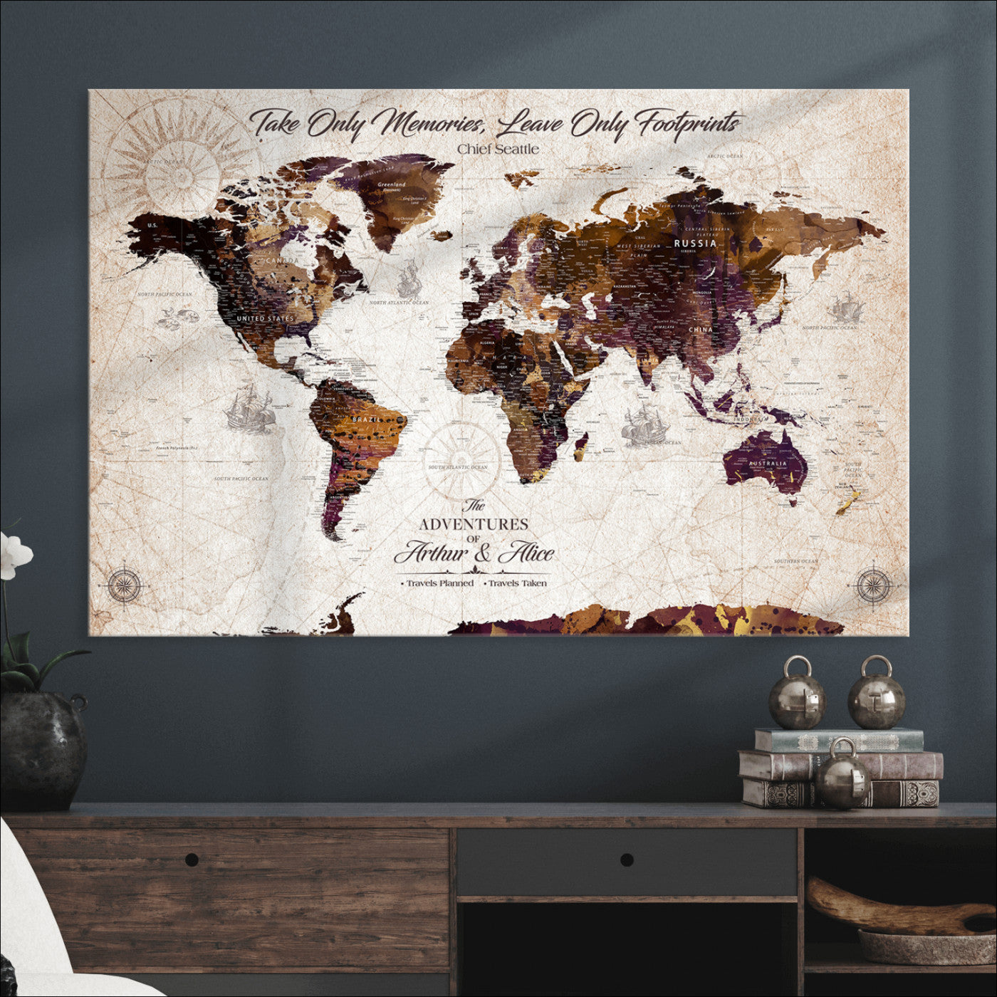 -Personalized World Map Canvas – Custom Framed Push Pin Travel Tracker, Elegant Wall Art Gift for Couples for Home, Office
