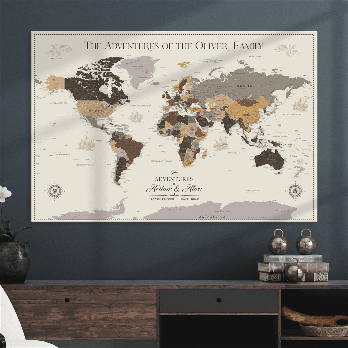 -Personalized Family Adventure World Map Canvas – Custom Framed Push Pin Travel Tracker, Wall Art Gift for Home, Office